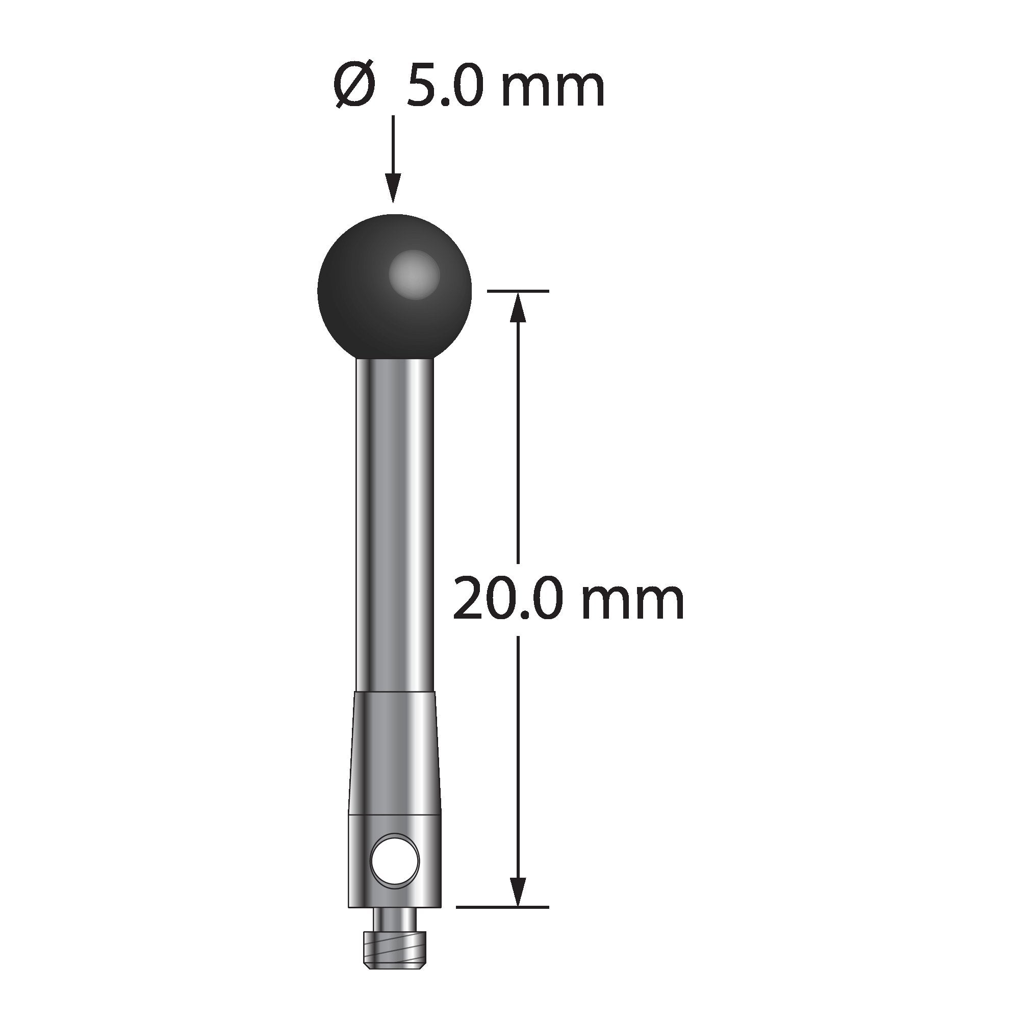 TM2-5022.5-SN M2 stylus with 5.0mm silicon nitride ball, carbide stem, and stainless steel base, 20mm long.