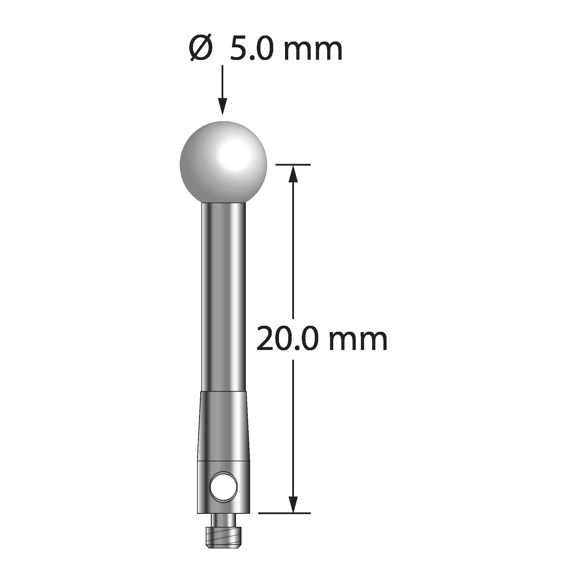 TM2-5022.5-Z M2 stylus with 5.0mm zirconia ball, carbide stem, and stainless steel base, 20mm long.