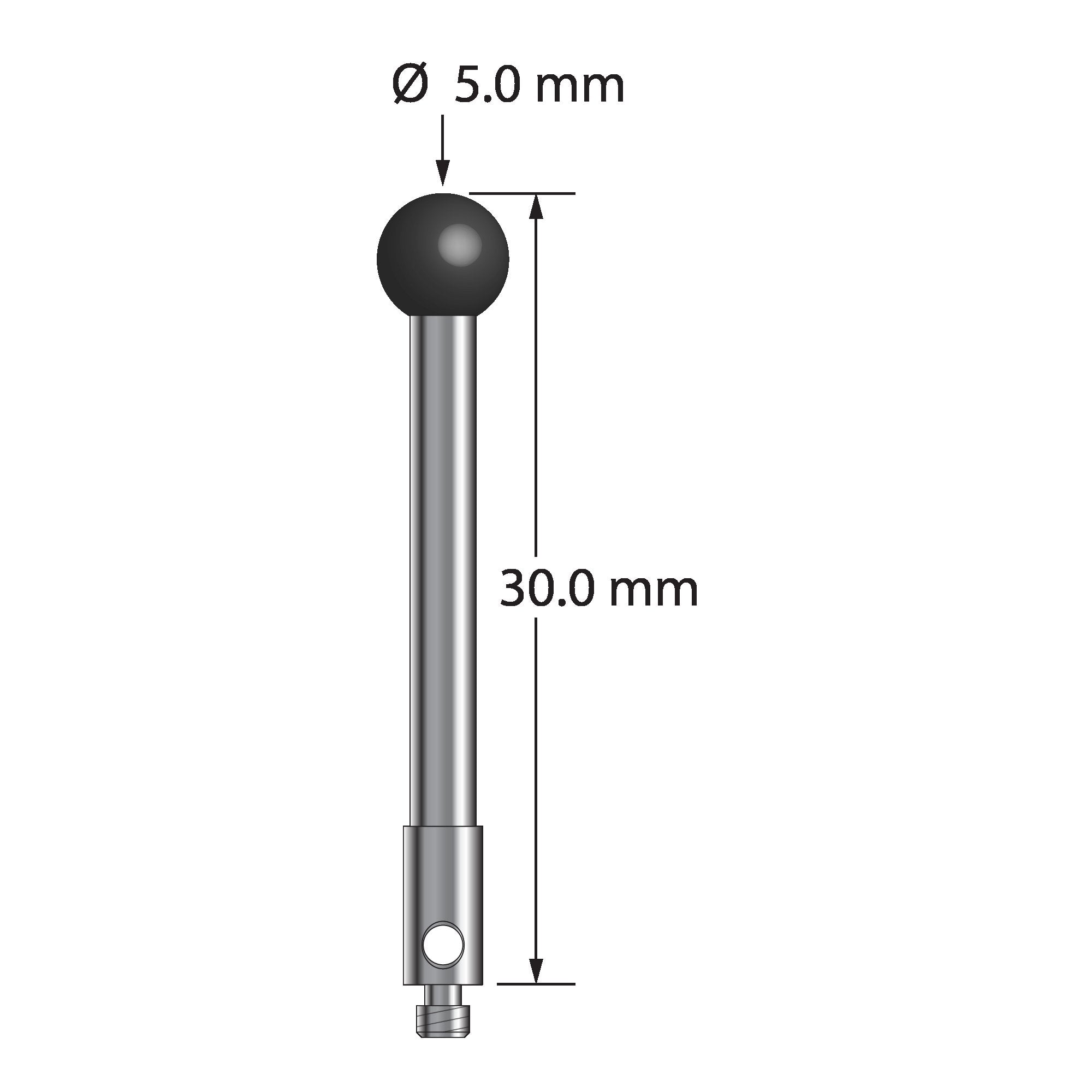 TM2-5030-SN M2 stylus with 5.0mm silicon nitride ball, carbide stem, and stainless steel base, 30.0mm long by Q-Mark Manufacturing, Inc.
