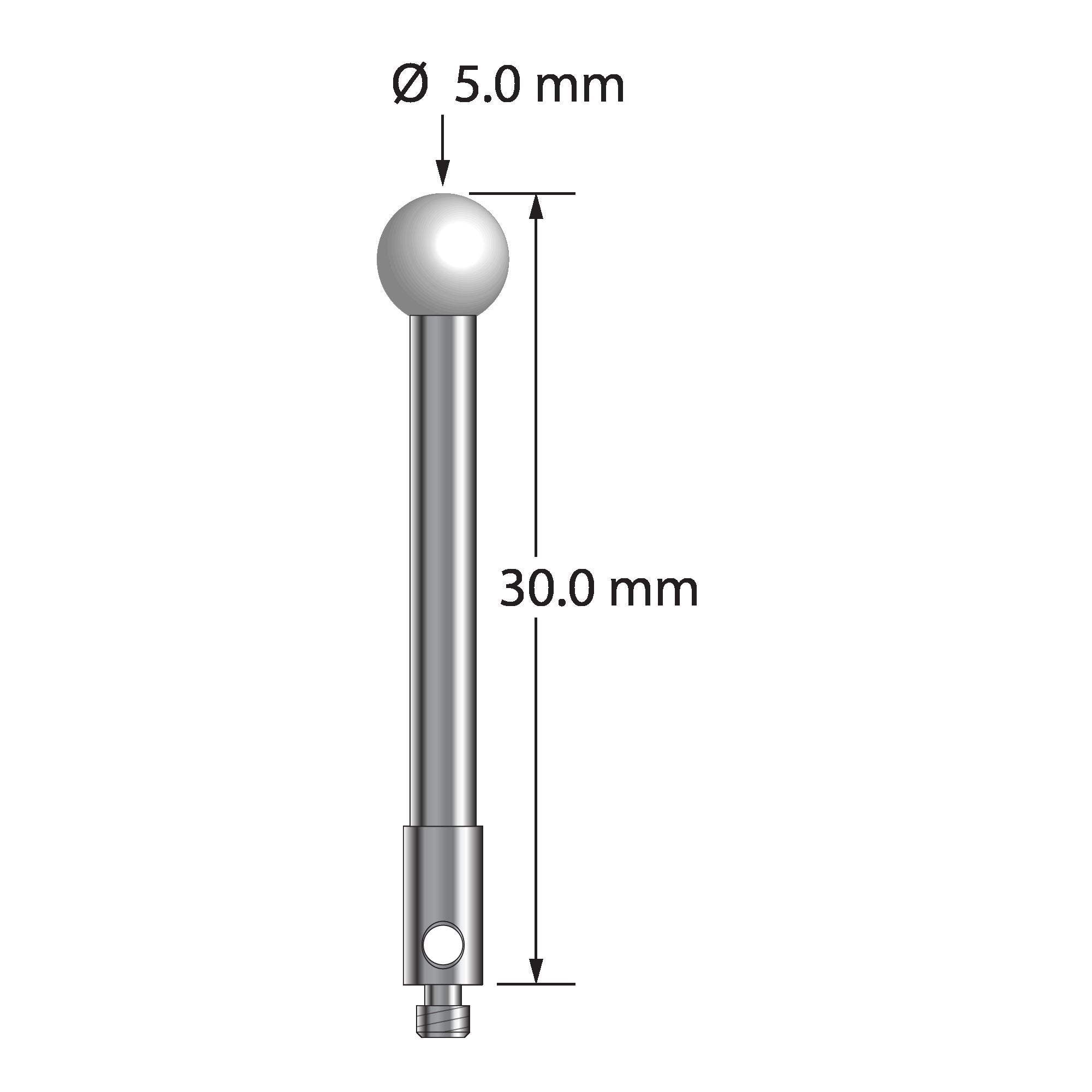 TM2-5030-Z M2 stylus with 5.0mm zirconia ball, carbide stem, and stainless steel base, 30.0mm long by Q-Mark Manufacturing, Inc.