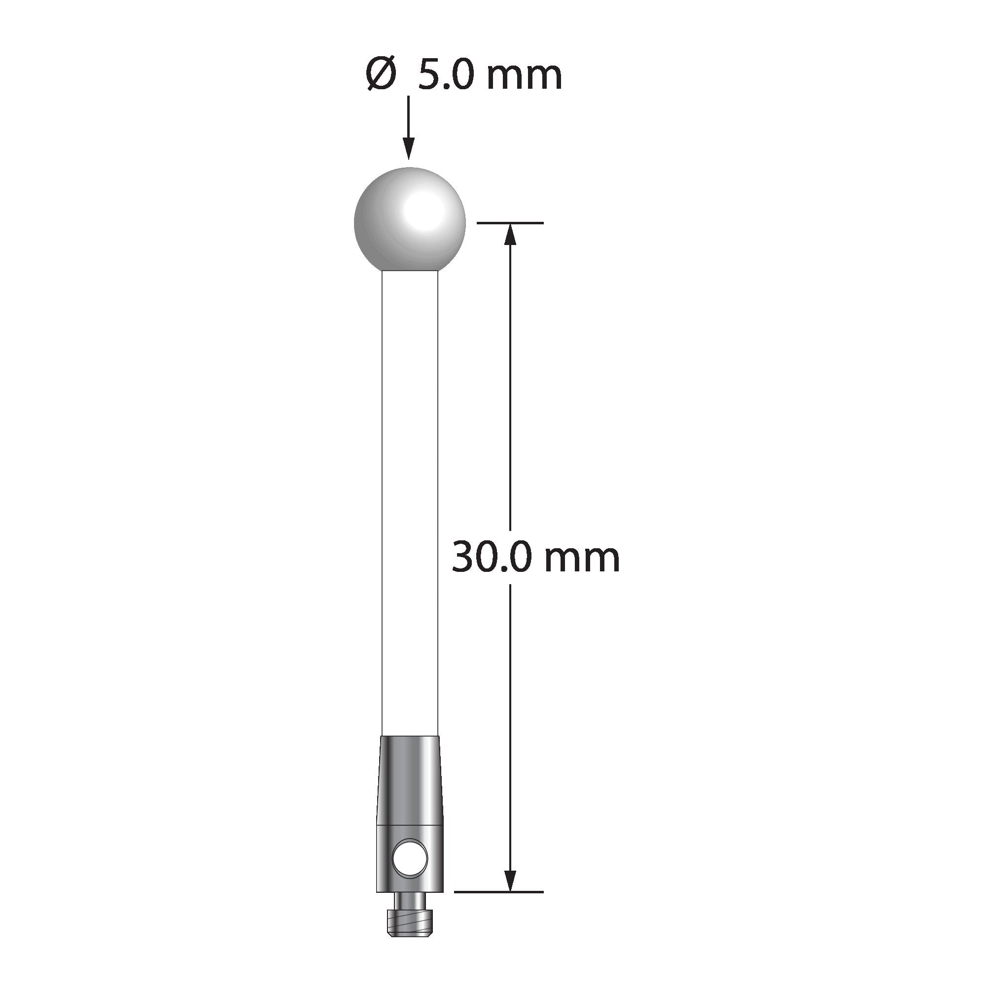 TM2-5032.5-C-Z M2 stylus with 5.0mm zirconia ball, ceramic stem, and stainless steel base.