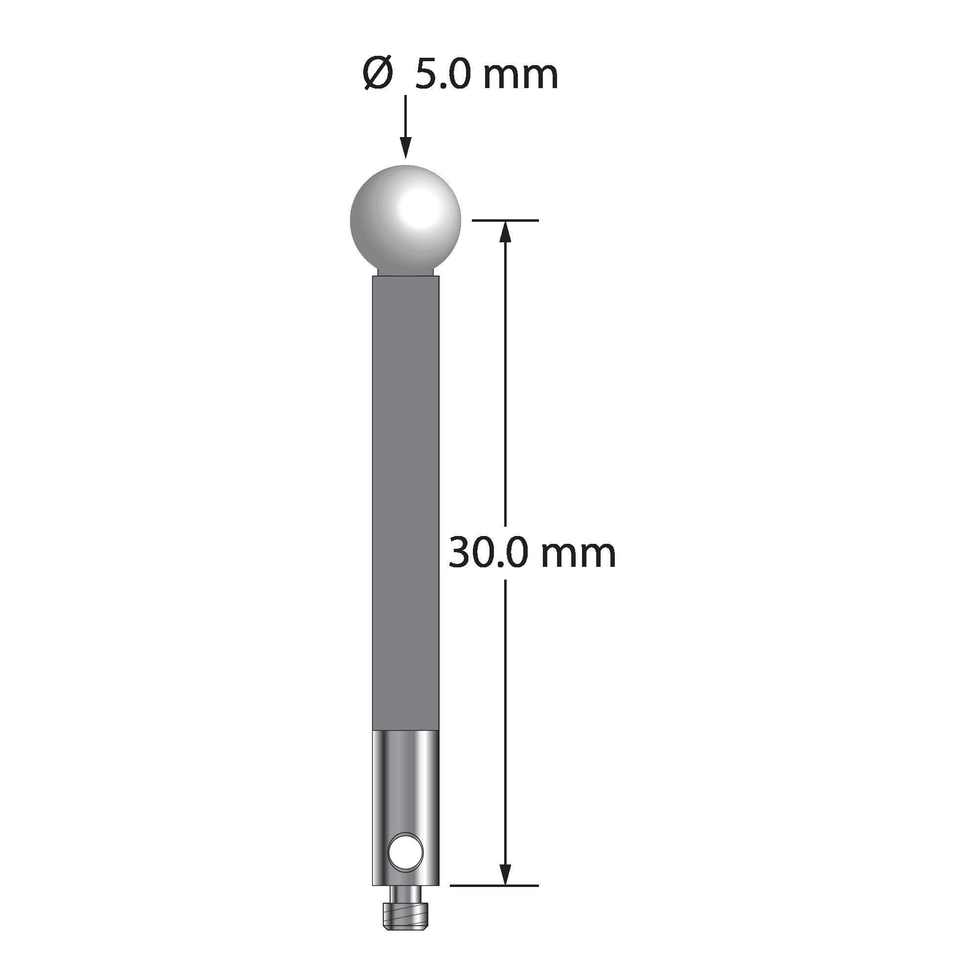TM2-5032.5-G-Z M2 stylus with 5.0mm zirconia ball, carbon fiber shaft, and stainless steel base.