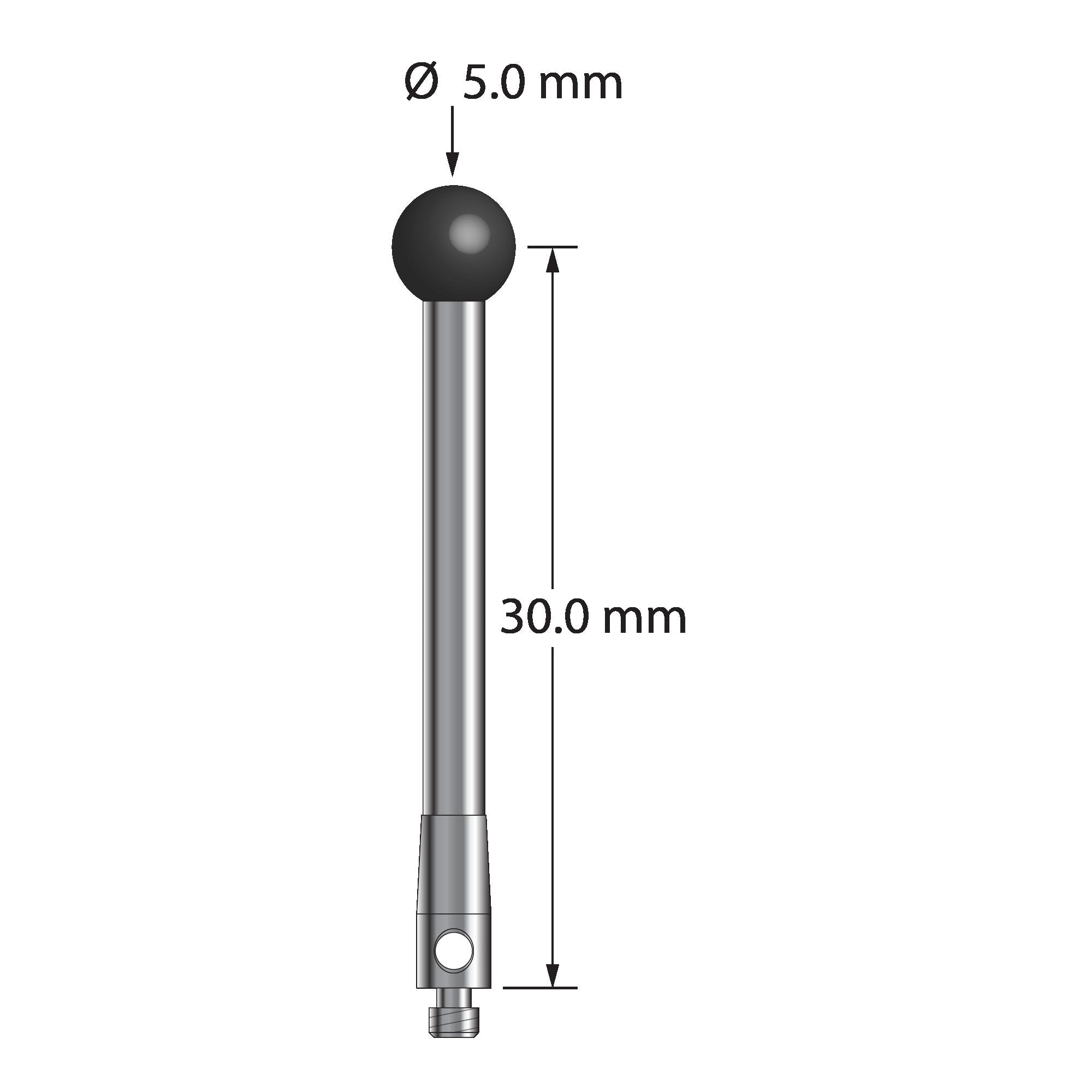 TM2-5032.5-SN M2 stylus with 5.0mm silicon nitride ball, carbide stem, and stainless steel base, 30mm long.