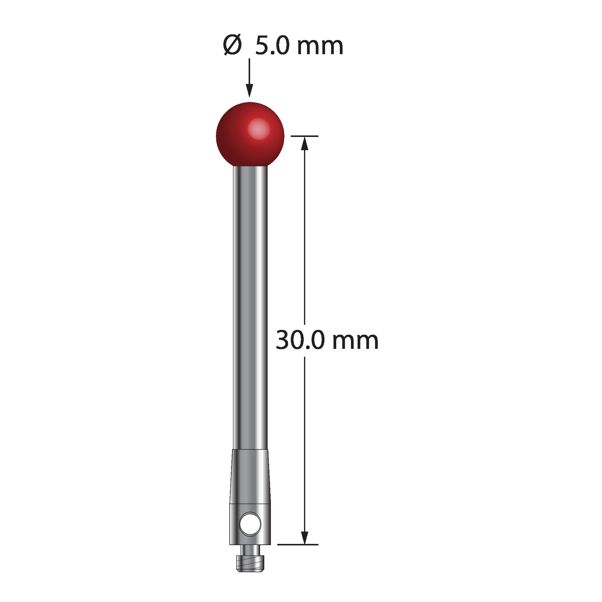 TM2-5032.5 M2 stylus with 5.0mm ruby ball, carbide stem, and stainless steel base, 30mm long.