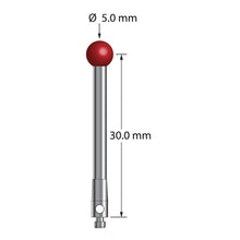 TM2-5032.5 M2 stylus with 5.0mm ruby ball, carbide stem, and stainless steel base, 30mm long.