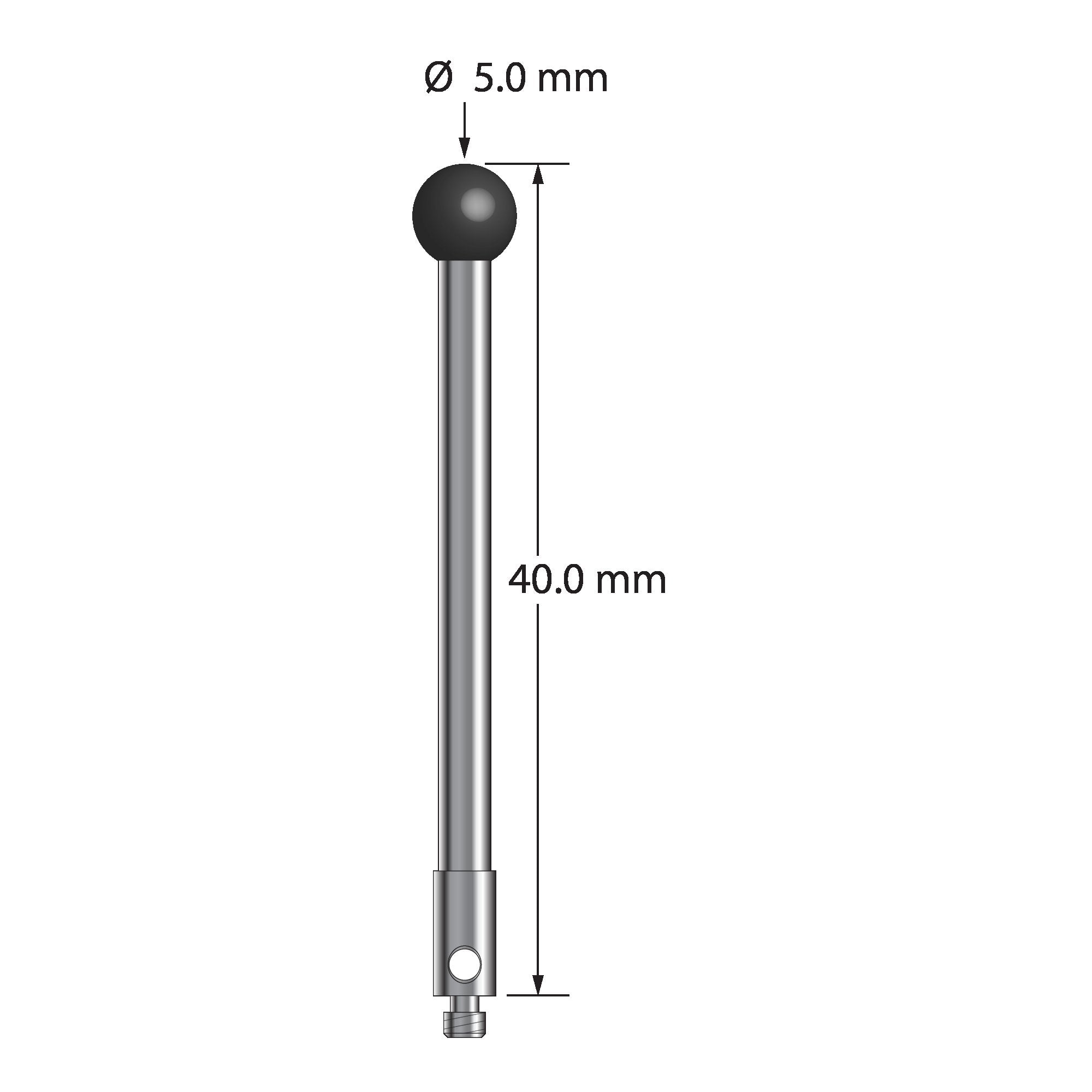 TM2-5040-SN M2 stylus with 5.0mm silicon nitride ball, carbide stem, and stainless steel base, 40.0mm long by Q-Mark Manufacturing, Inc.