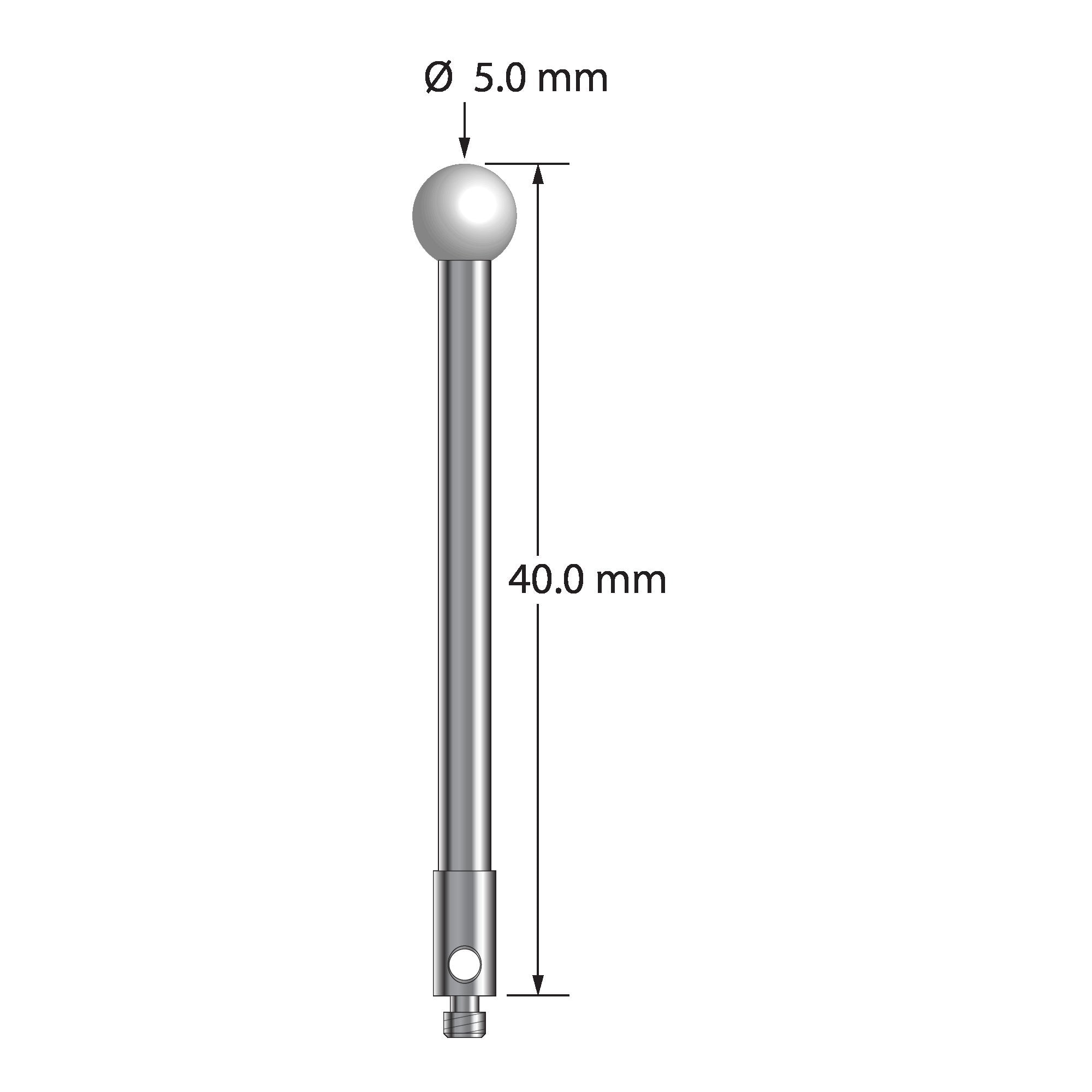 TM2-5040-Z M2 stylus with 5.0mm zirconia ball, carbide stem, and stainless steel base, 40.0mm long by Q-Mark Manufacturing, Inc.