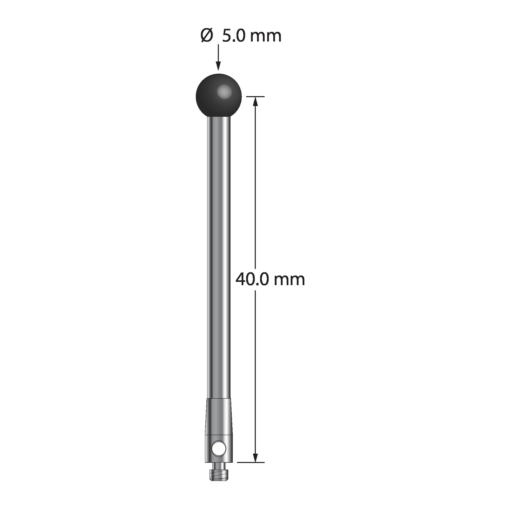 TM2-5042.5-SN M2 stylus with 5.0mm silicon nitride ball, carbide stem, and stainless steel base, 40.0mm long.