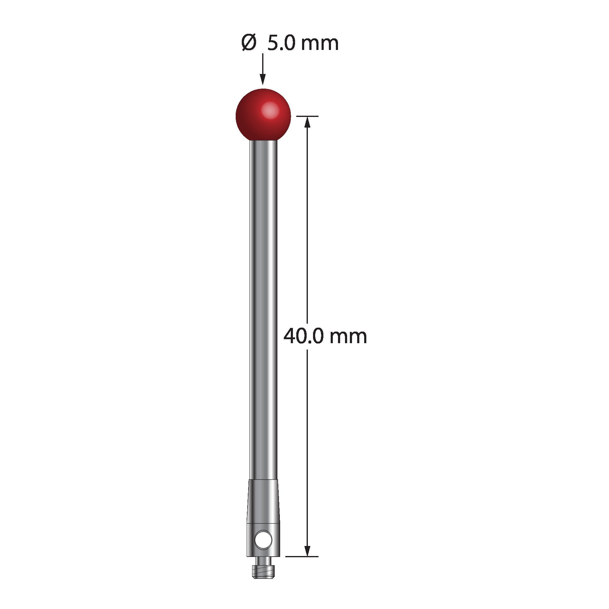 TM2-5042.5 M2 stylus with 5.0mm ruby ball, carbide stem, and stainless steel base, 40.0mm long by Q-Mark Manufacturing, Inc.