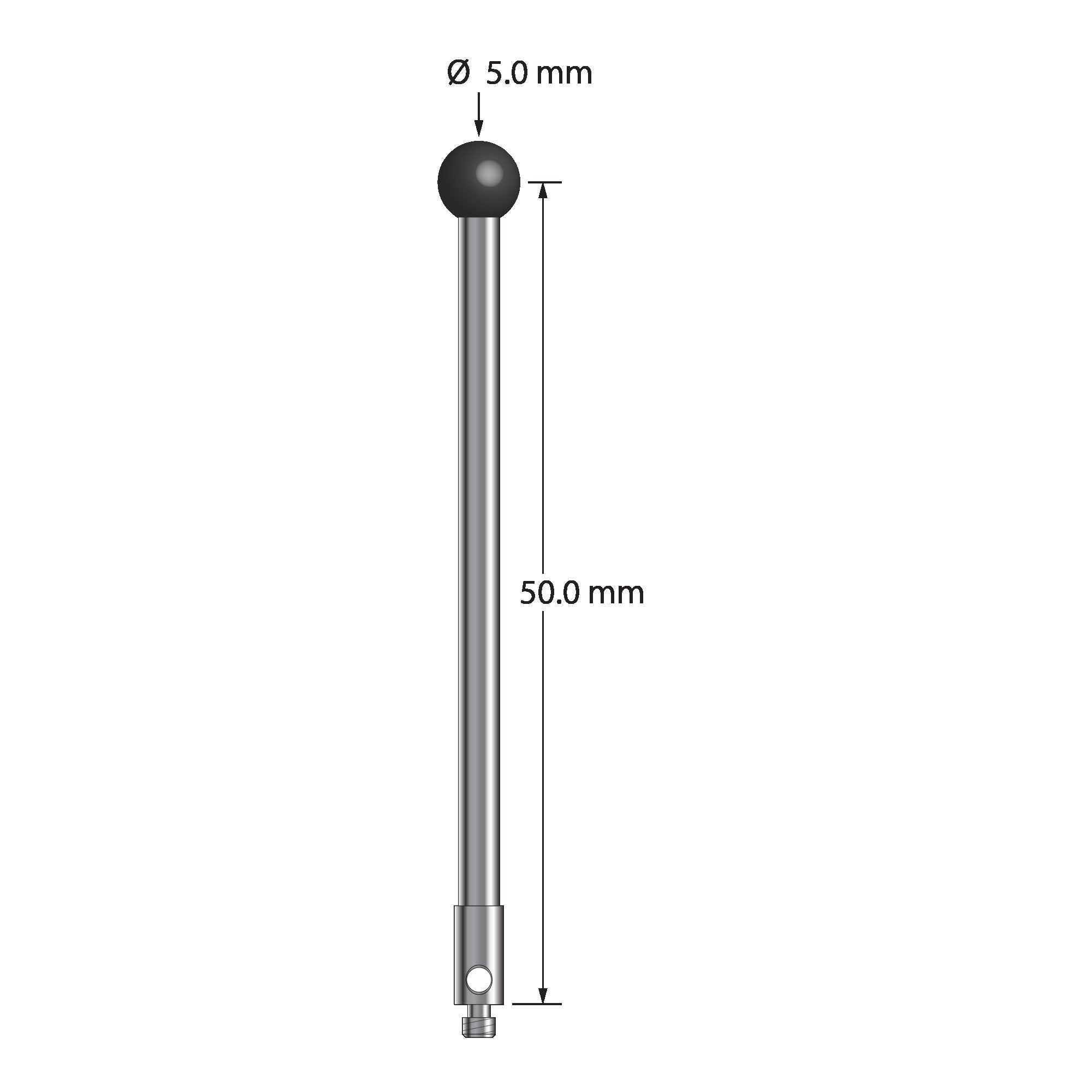 TM2-5052.5-SN M2 stylus with 5.0mm silicon nitride ball, carbide stem, and stainless steel base, 50.0mm long.