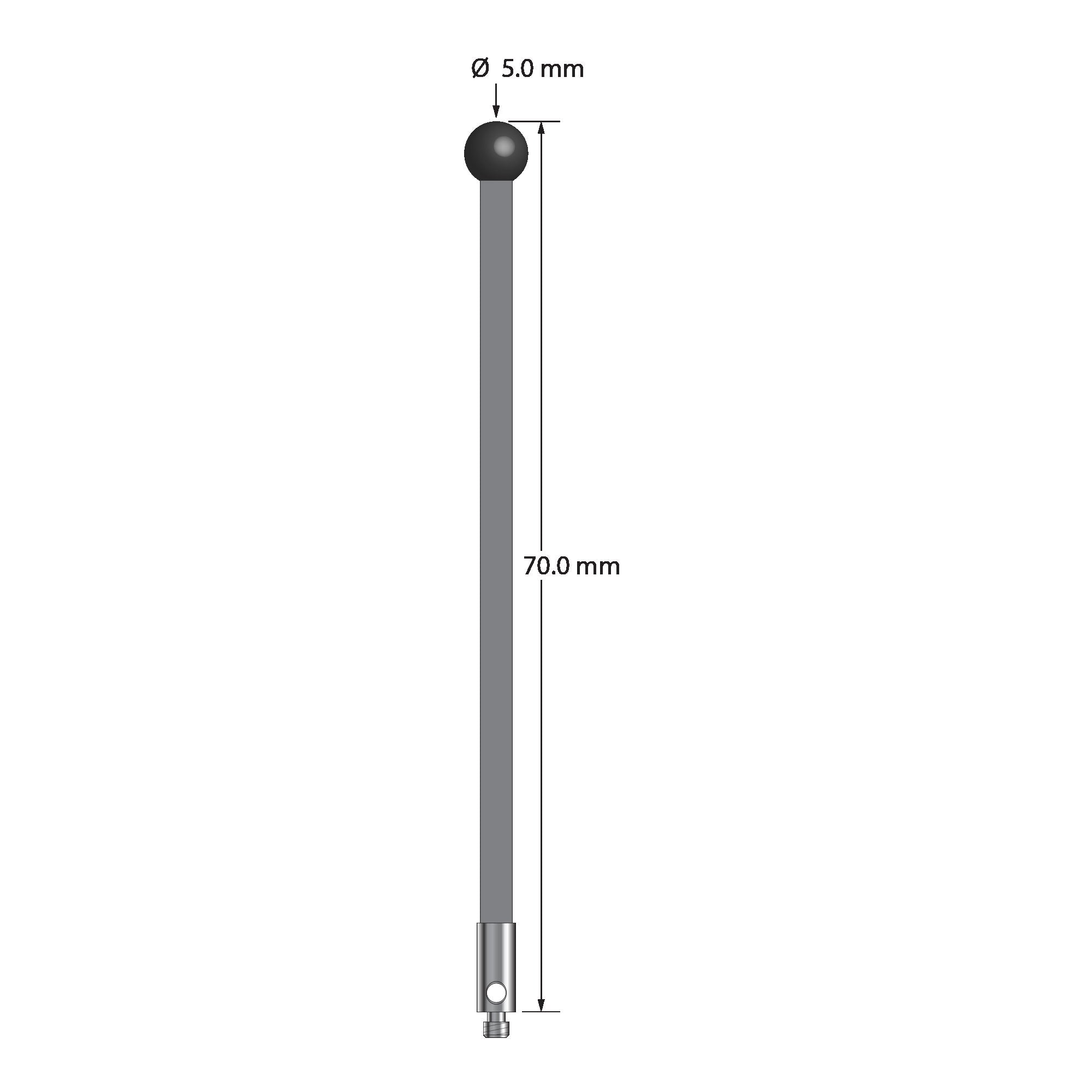 TM2-5070-G-SN M2 stylus with 5.0mm silicon nitride ball, carbon fiber stem, and stainless steel base, 70.0mm long by Q-Mark Manufacturing, Inc.