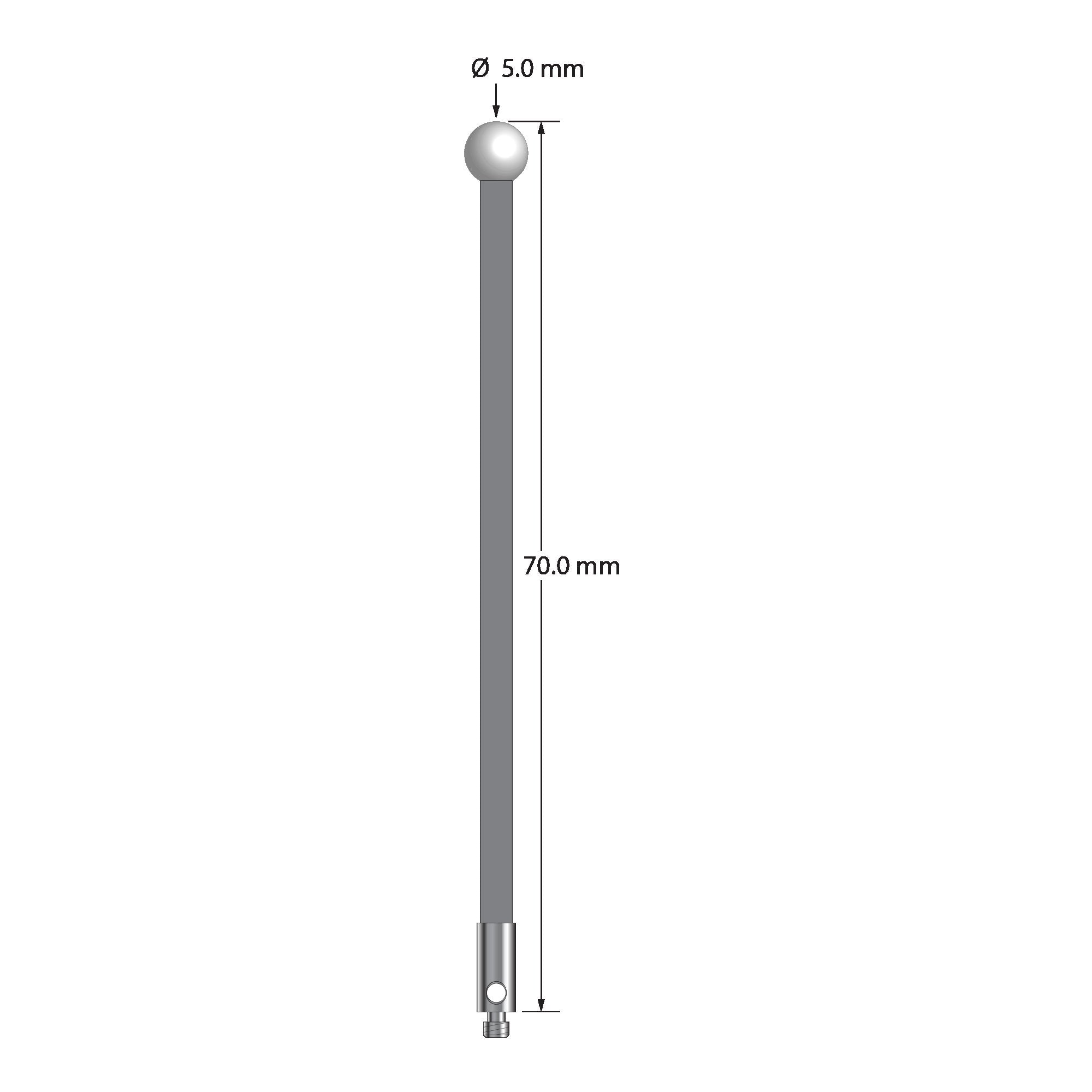 TM2-5070-G-Z M2 stylus with 5.0mm zirconia ball, carbon fiber stem, and stainless steel base, 70.0mm long by Q-Mark Manufacturing, Inc.