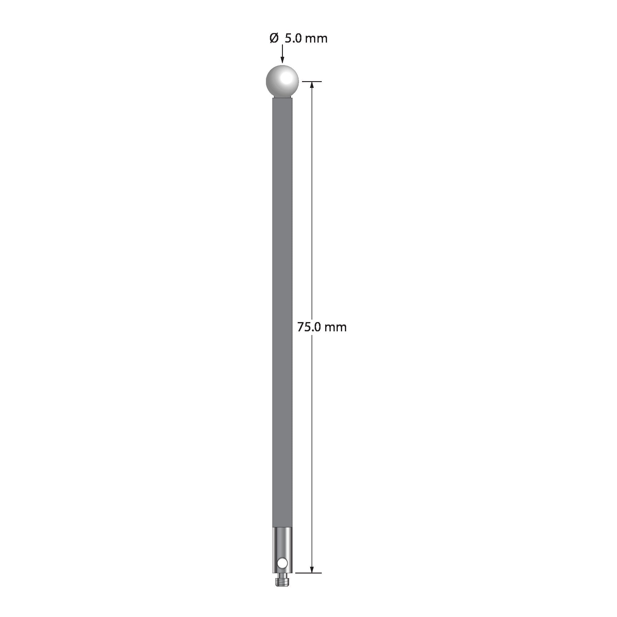 TM2-5077.5-G-Z M2 stylus with 5.0mm zirconia ball, carbon fiber stem, and stainless steel base, 75.0mm long by Q-Mark Manufacturing, Inc.