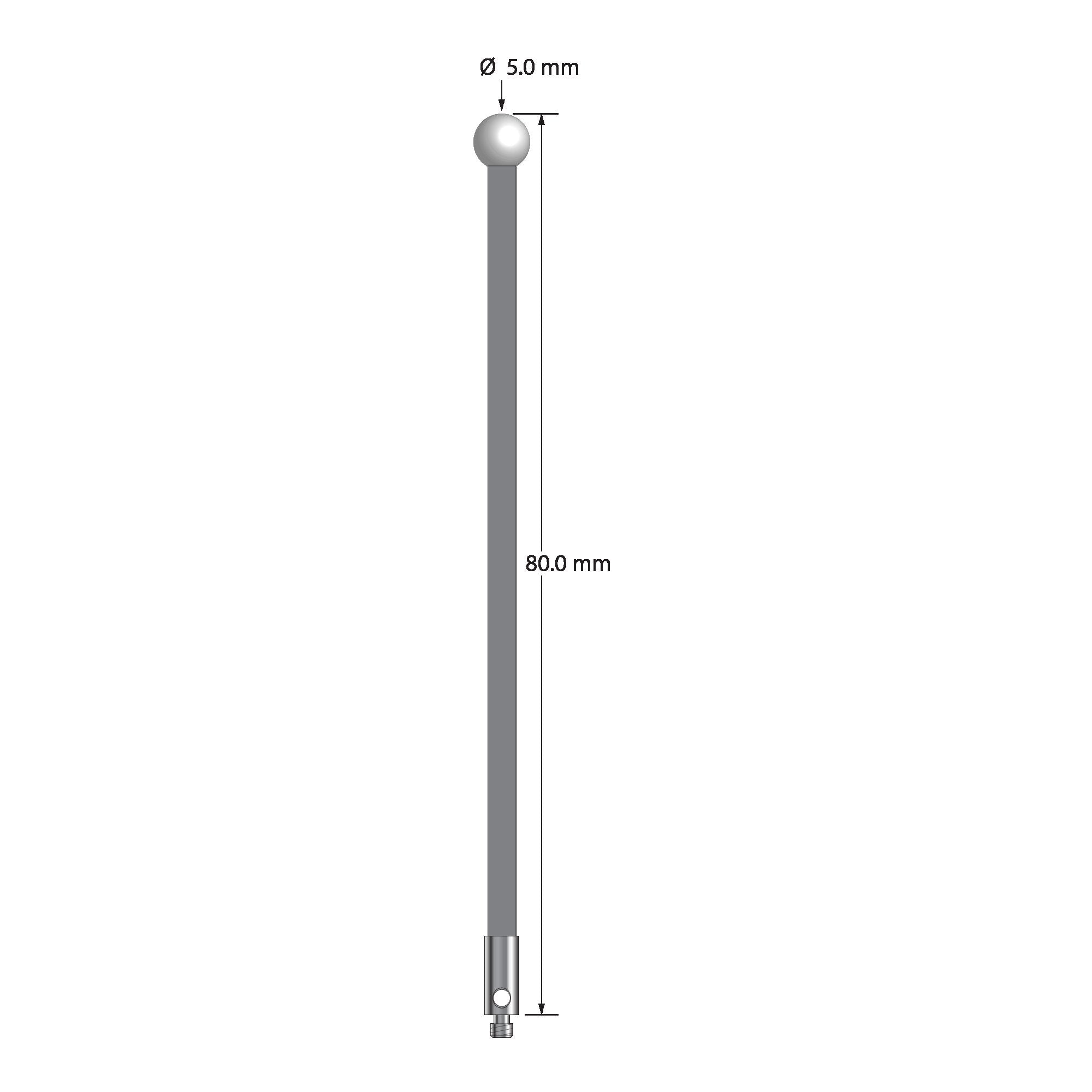 TM2-5080-G-Z M2 stylus with 5.0mm zirconia ball, carbon fiber stem, and stainless steel base, 80.0mm long.