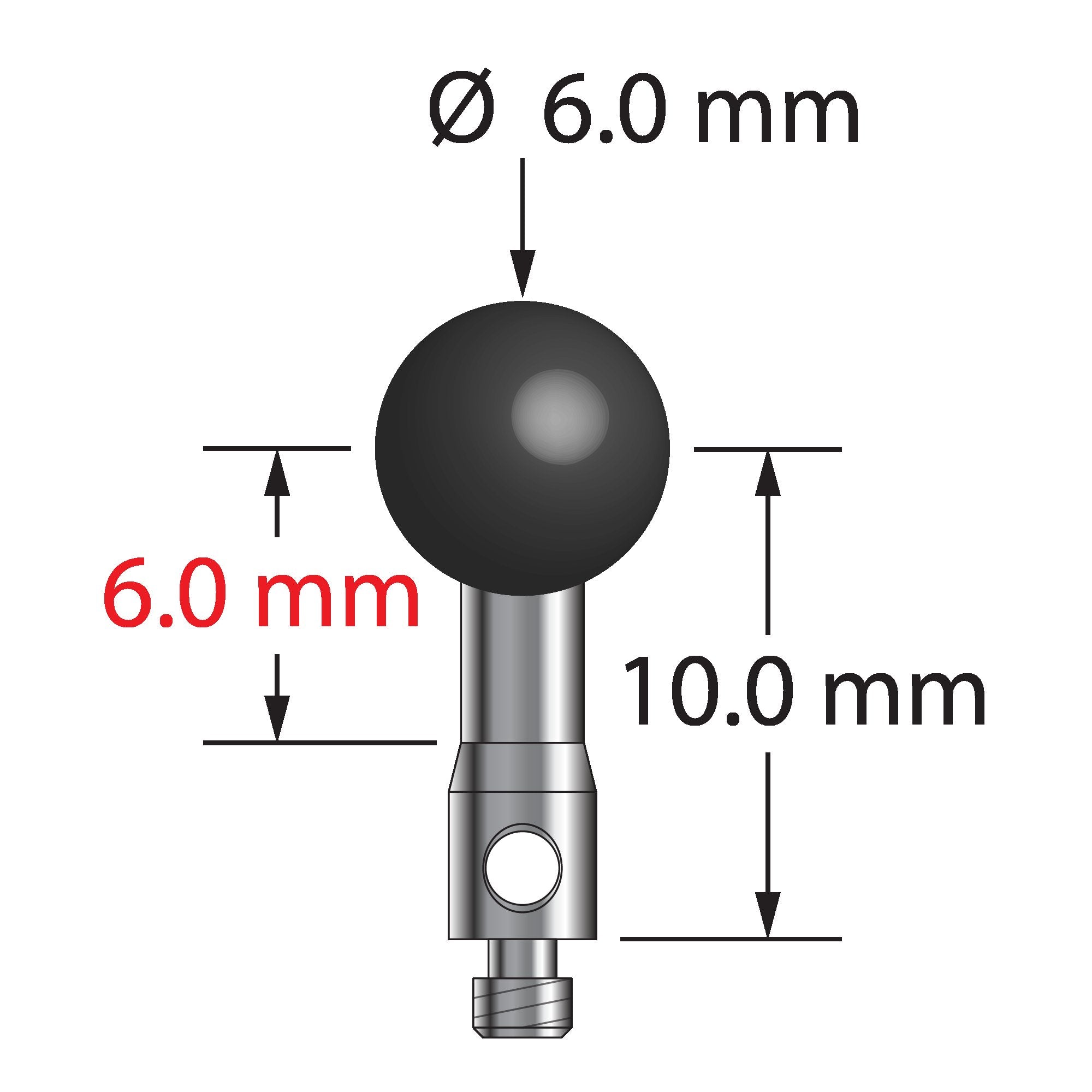 TM2-6013-S-SN M2 stylus with 6.0mm silicon nitride ball and stainless steel stem, 10.0mm length.