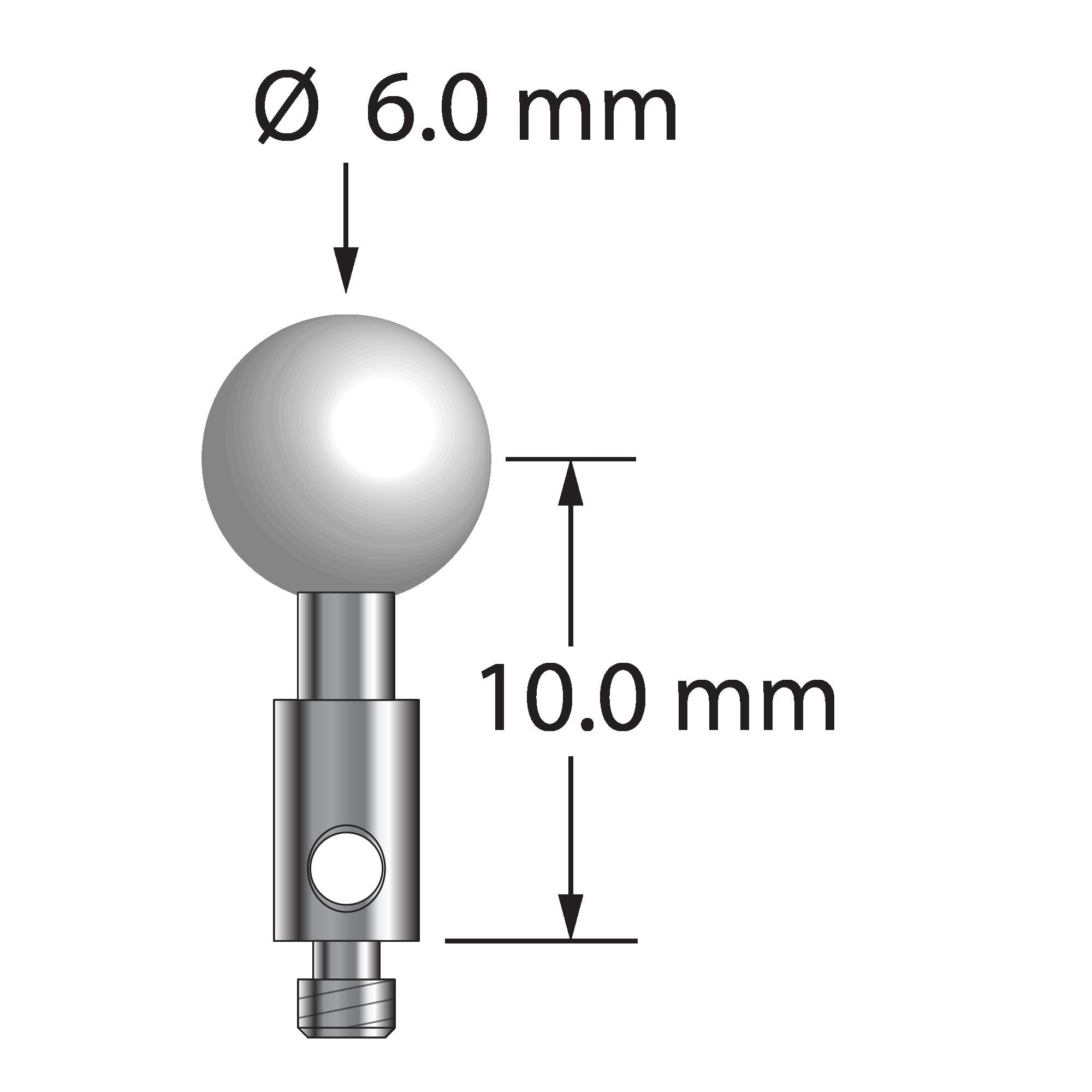 TM2-6013-Z M2 stylus with 6.0mm zirconia ball, carbide stem, and stainless steel base.
