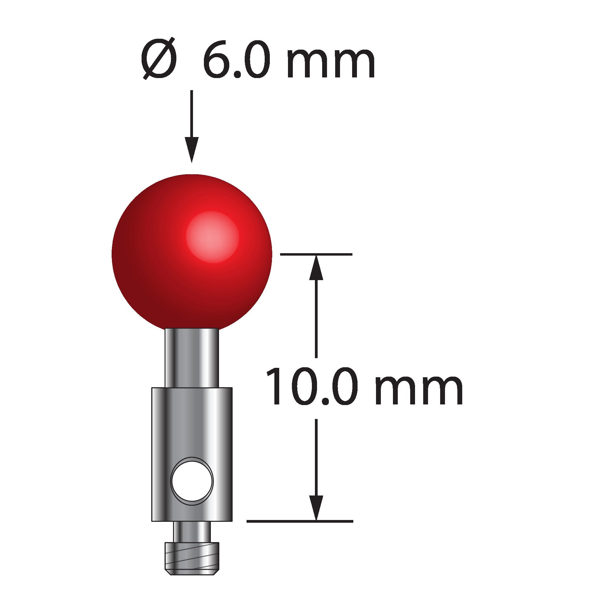 TM2-6013 M2 stylus with 6.0mm ruby ball, carbide stem, and stainless steel base.