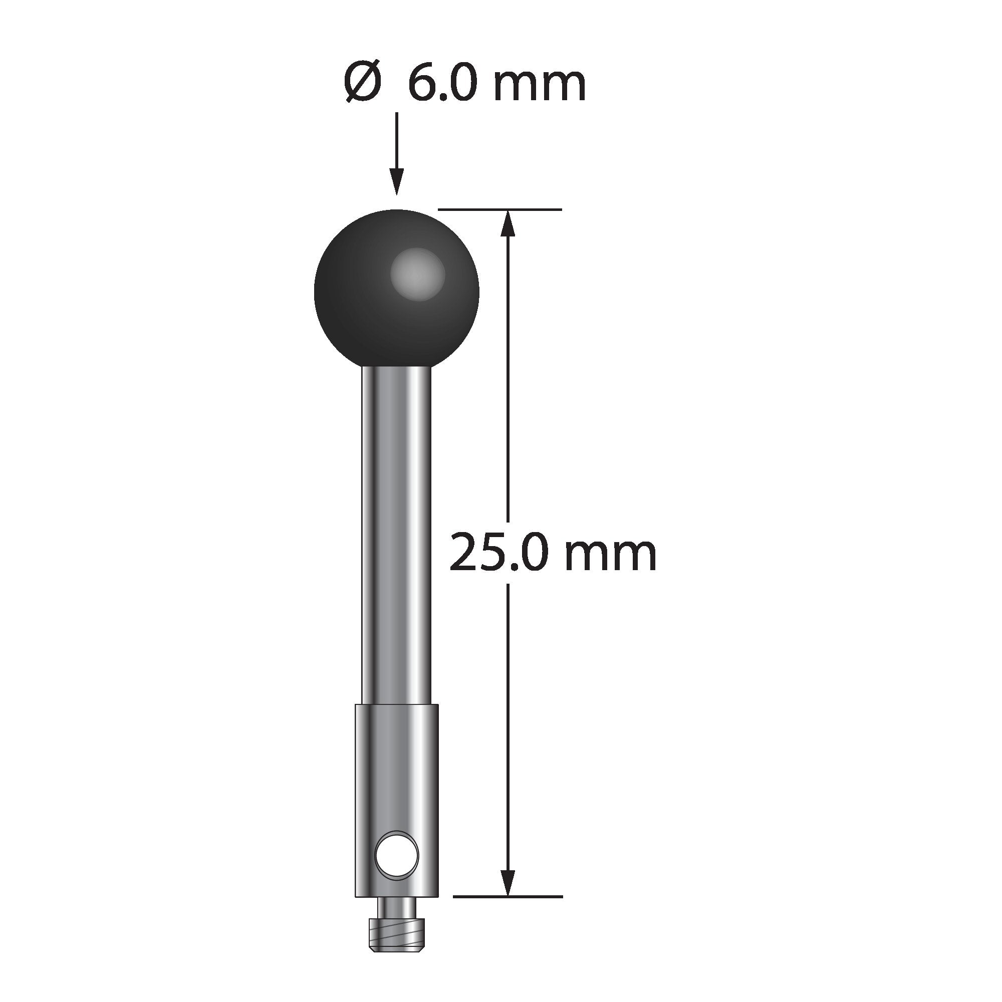 TM2-6025-DS2.5-SN M2 stylus with 6.0mm silicon nitride ball, carbide stem, stainless steel base, 25.0mm long by Q-Mark Manufacturing, Inc.