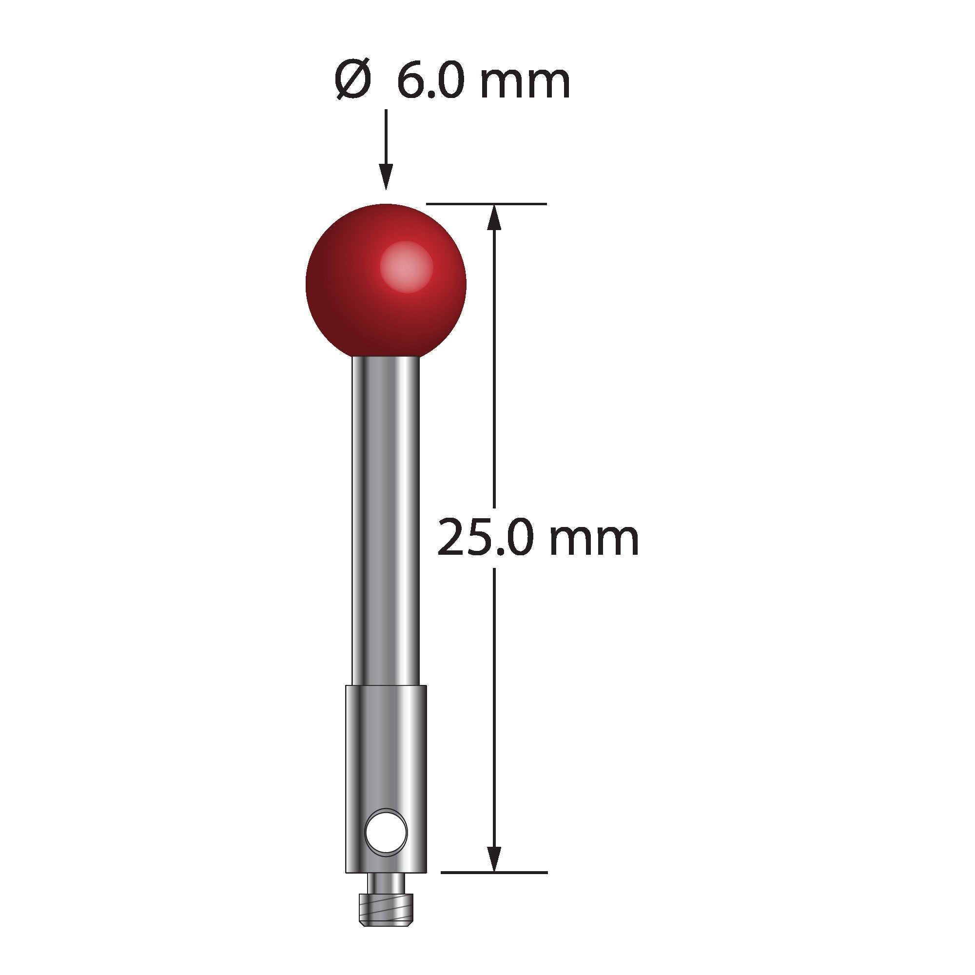 TM2-6025-DS2.5 M2 stylus with 6.0mm ruby ball, carbide stem, and stainless steel base, 25.0mm long by Q-Mark Manufacturing, Inc.