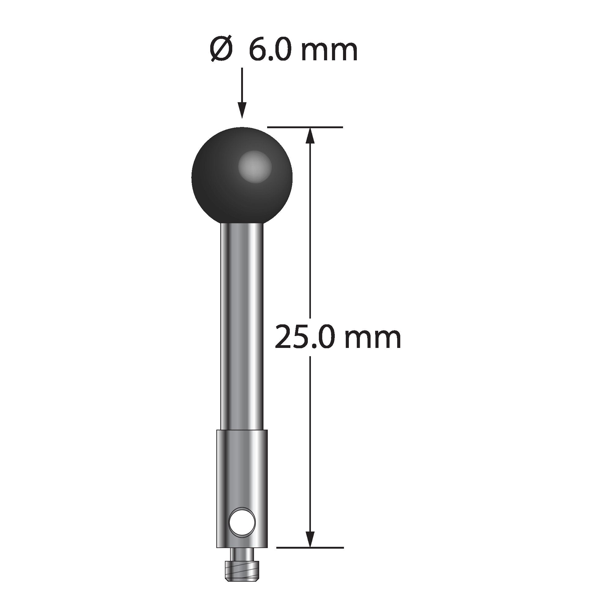 TM2-6025-SN M2 stylus with 6.0mm silicon nitride ball, carbide stem, and stainless steel base, 25.0mm long by Q-Mark Manufacturing, Inc.