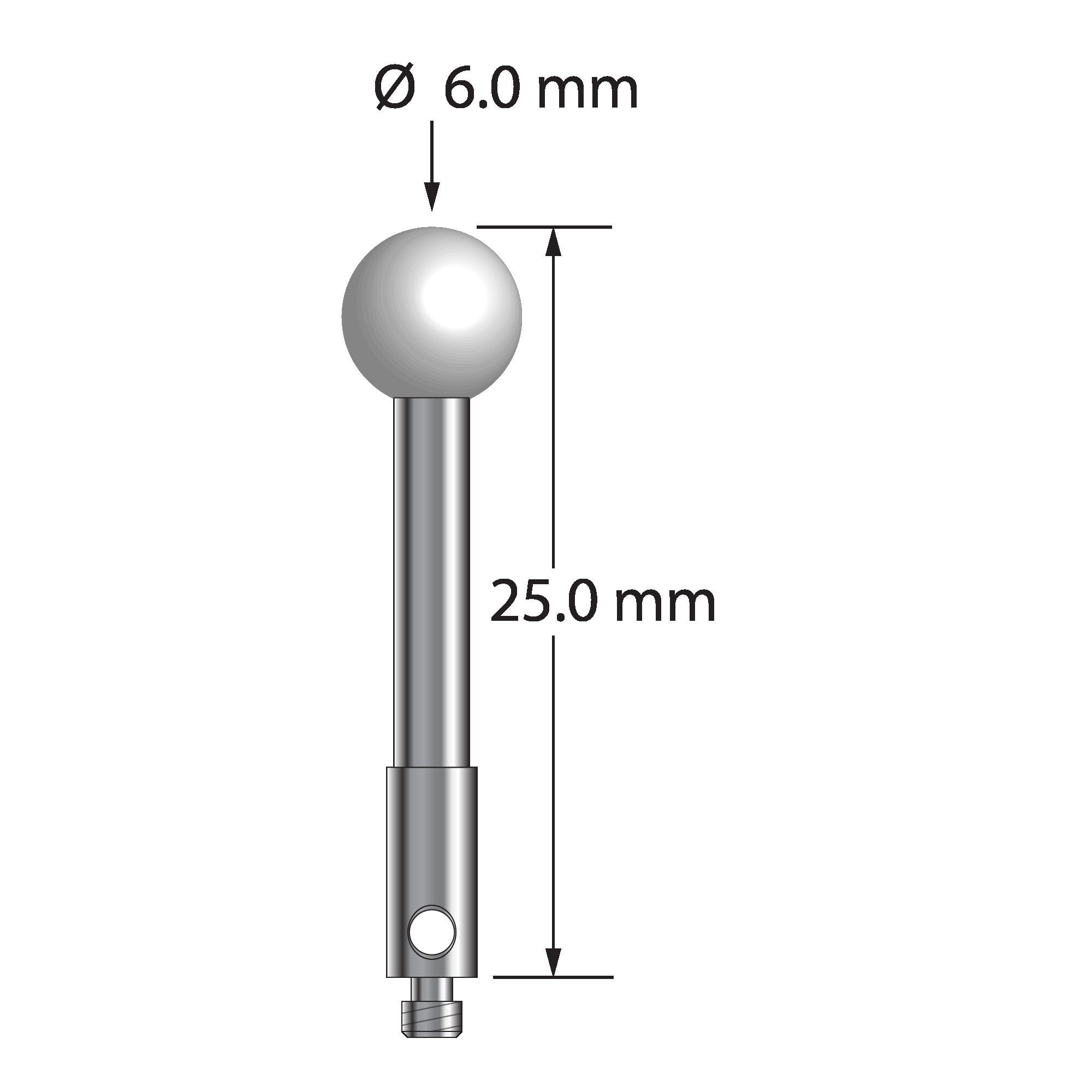 TM2-6025-Z M2 stylus with 6.0mm zirconia ball, carbide stem, and stainless steel base, 25mm long.