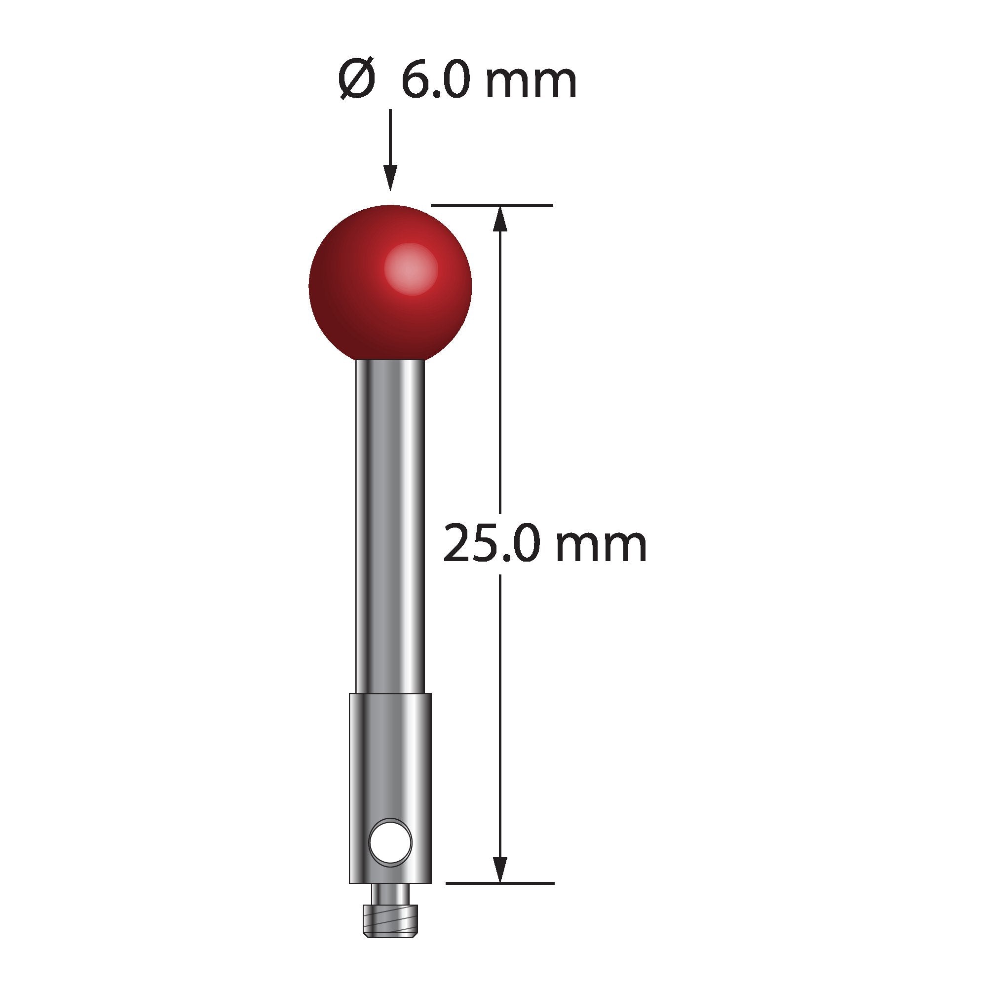 TM2-6025 M2 stylus with 6.0mm ruby ball, carbide stem, and stainless steel base, 25mm long.