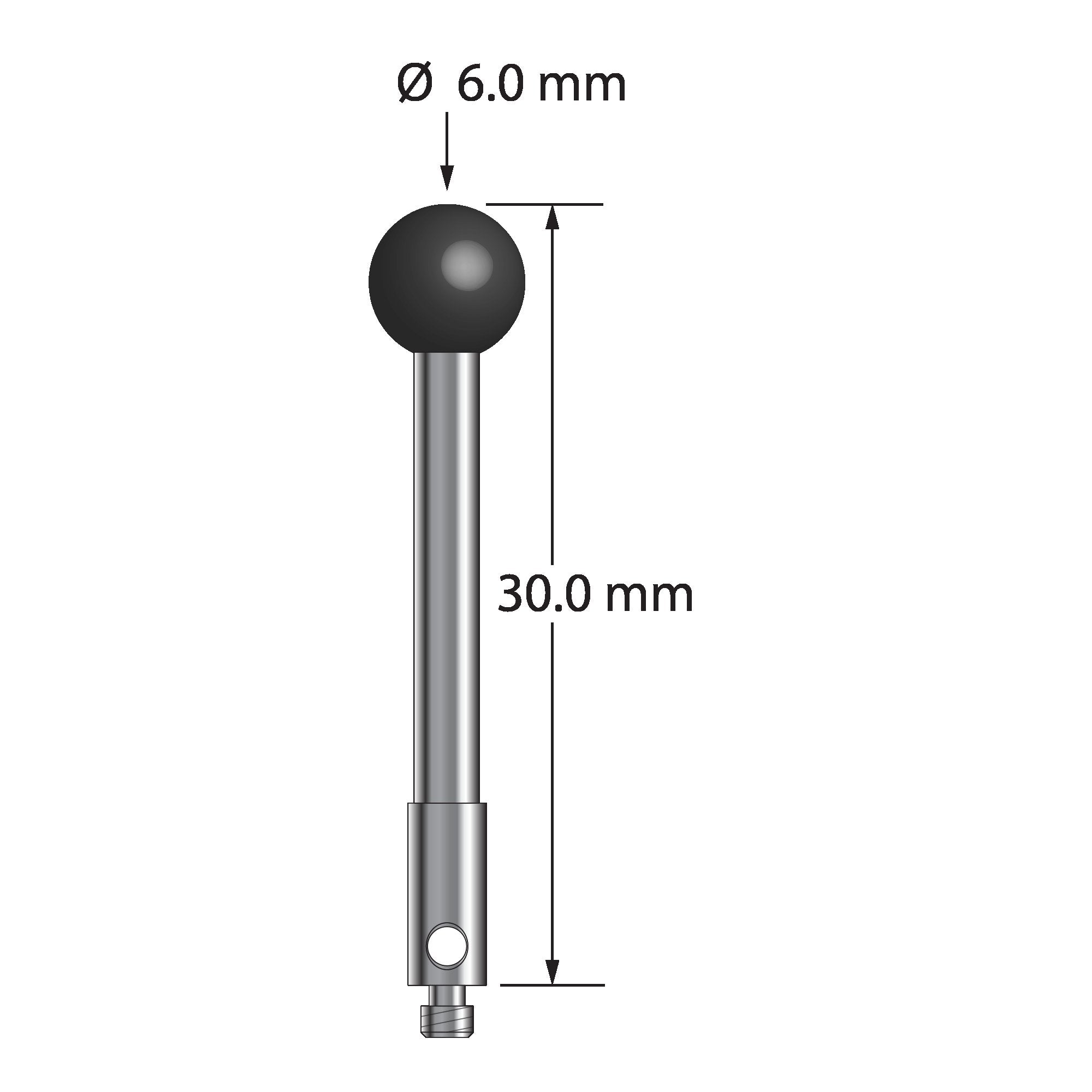 TM2-6030-DS2.5-SN M2 stylus with 6.0mm silicon nitride ball, carbide stem, and stainless steel base, 30.0mm long by Q-Mark Manufacturing, Inc.