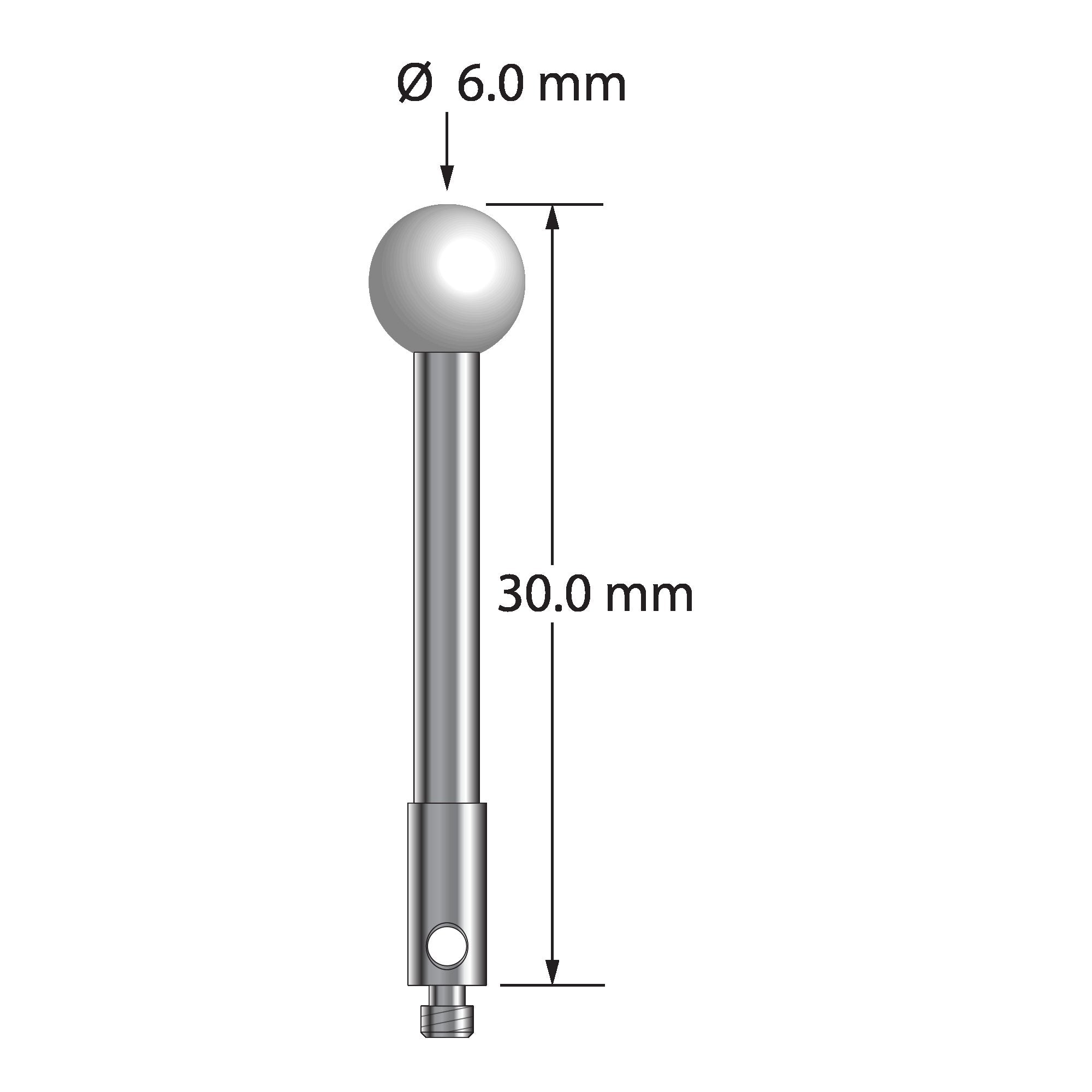 TM2-6030-Z M2 stylus with 6mm zirconia ball, carbide stem, and stainless steel base, 30mm long by Q-Mark Manufacturing, Inc.