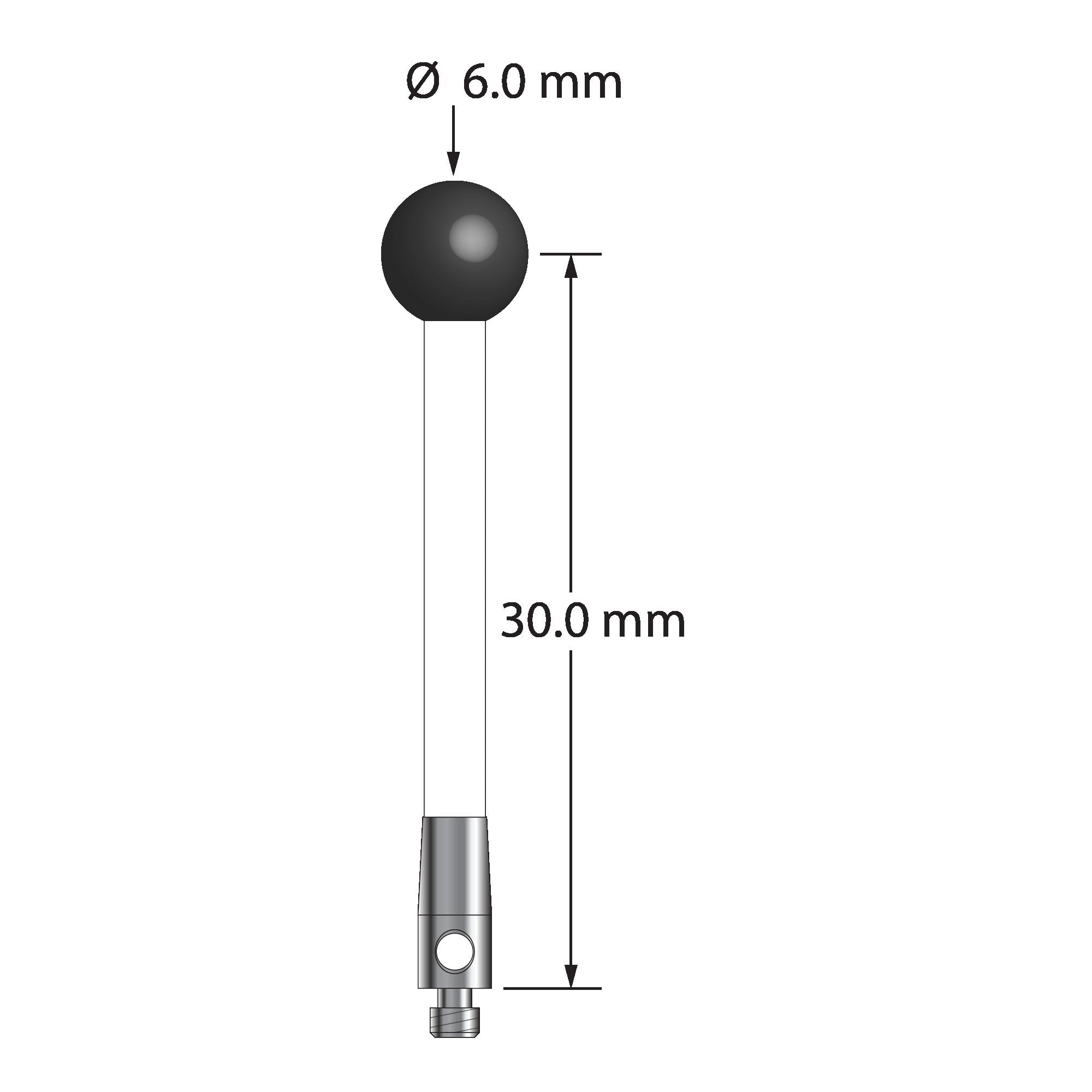 TM2-6033-C-SN M2 stylus with 6mm silicon nitride ball, ceramic stem, and stainless steel base, 30mm long.