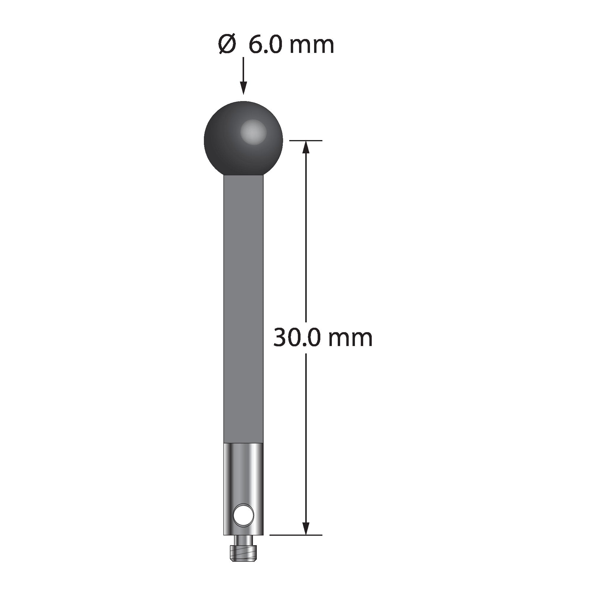 TM2-6033-G-SN M2 stylus with 6.0mm silicon nitride ball, carbon fiber stem, and stainless steel base.