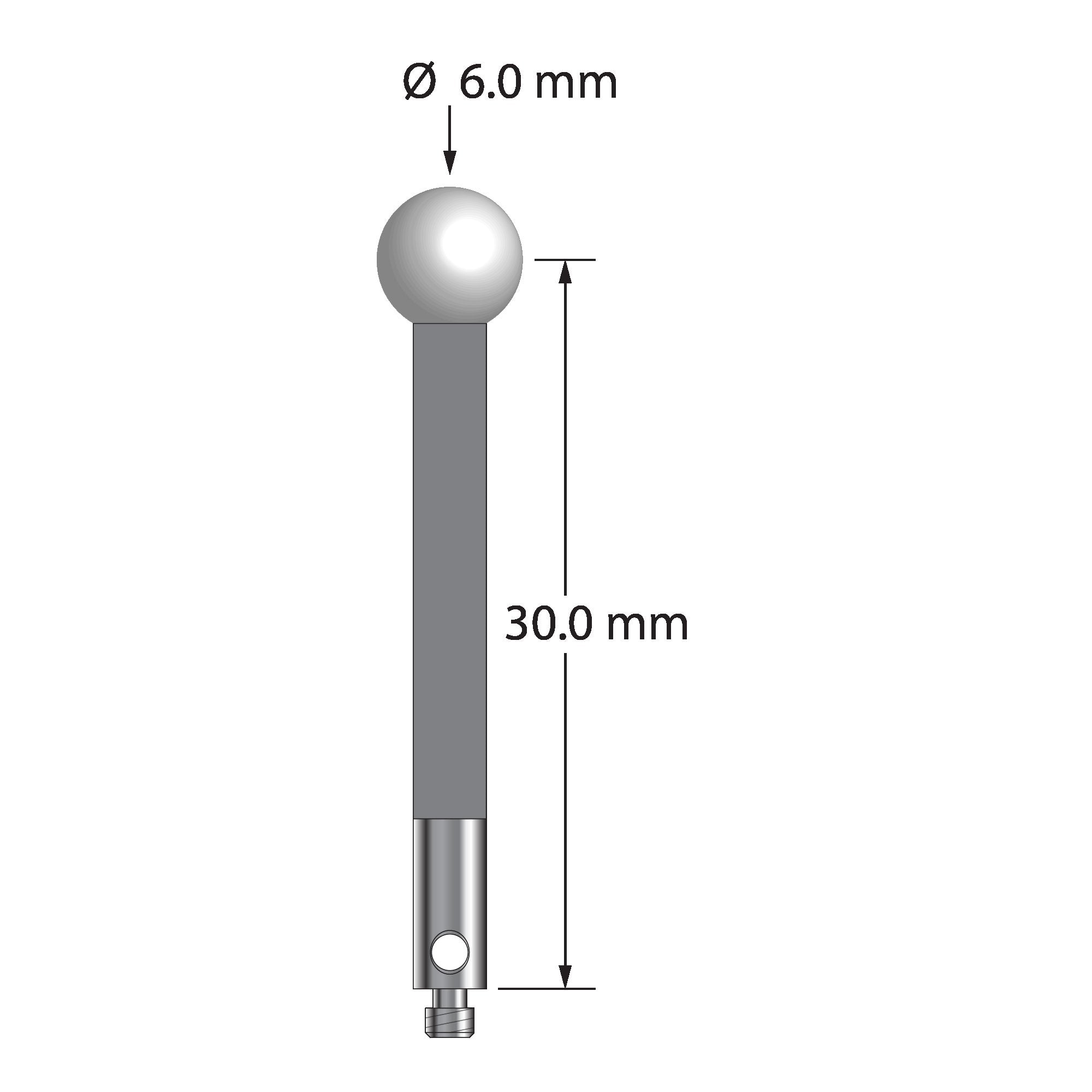 TM2-6033-G-Z M2 stylus with 6.0mm zirconia ball, carbon fiber stem, and stainless steel base.