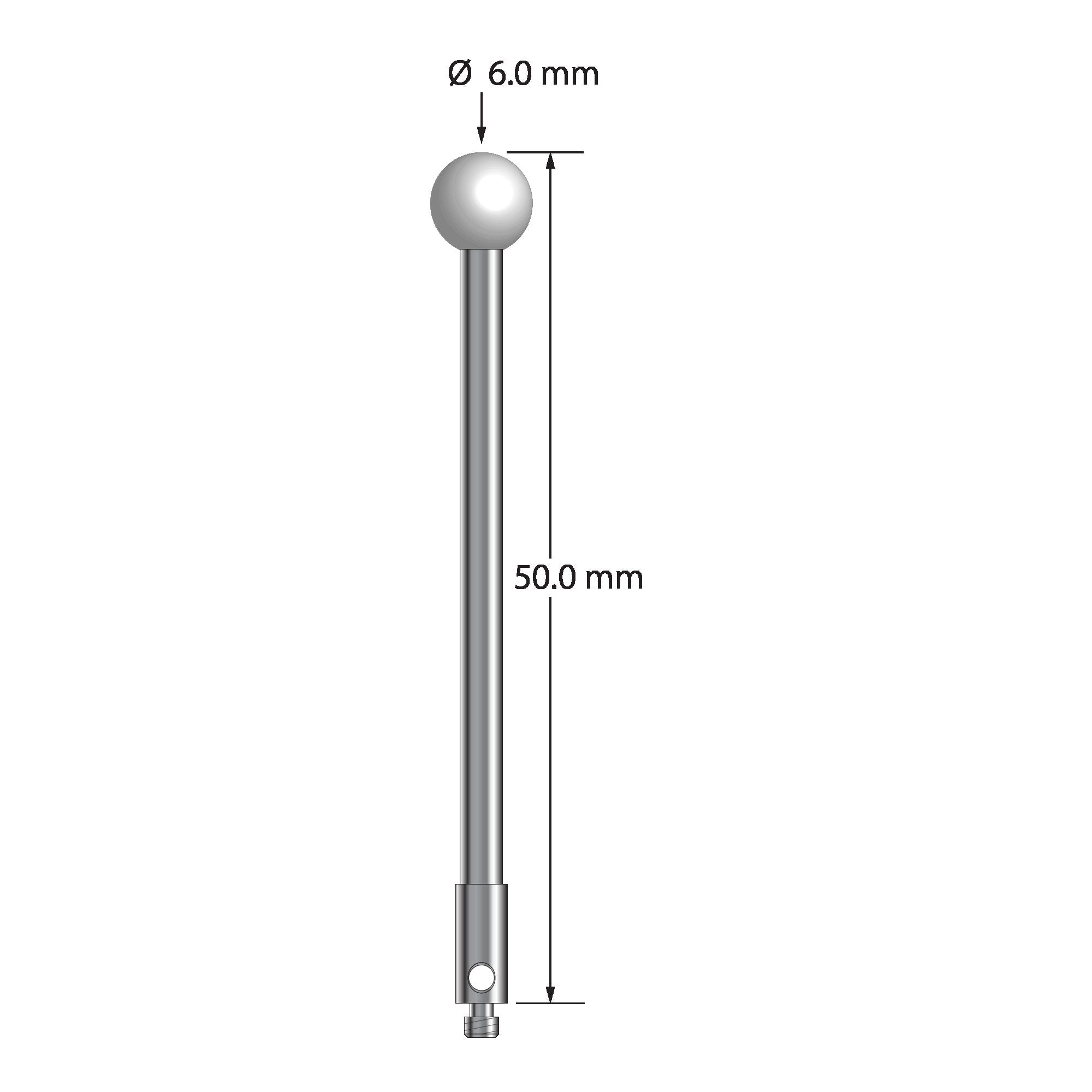 TM2-6050-Z M2 stylus with 6.0mm zirconia ball, carbide stem, and stainless steel base, 50.0mm long by Q-Mark Manufacturing, Inc.