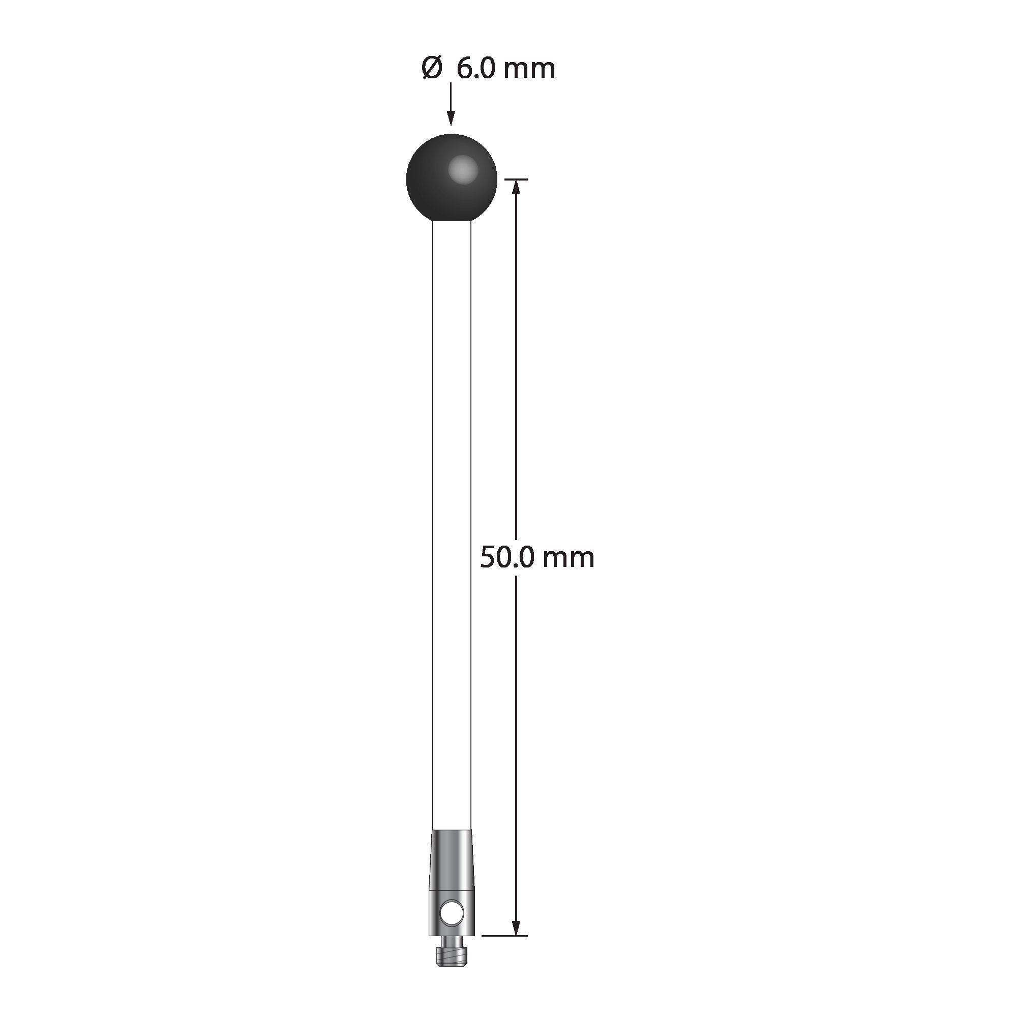 TM2-6053-C-SN M2 stylus with 6.0mm silicon nitride ball, ceramic stem, and stainless steel base.