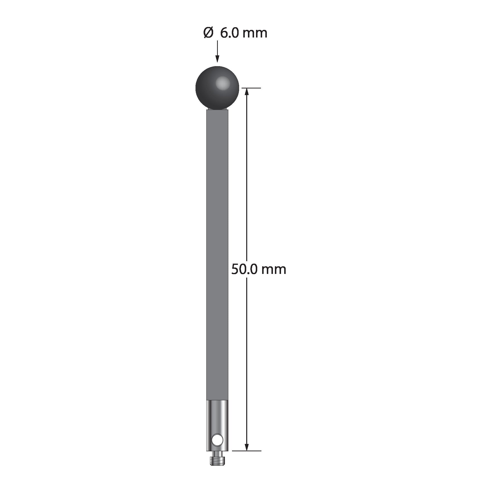 TM2-6053-G-SN M2 stylus with 6.0mm silicon nitride ball, carbon fiber stem, and stainless steel base.
