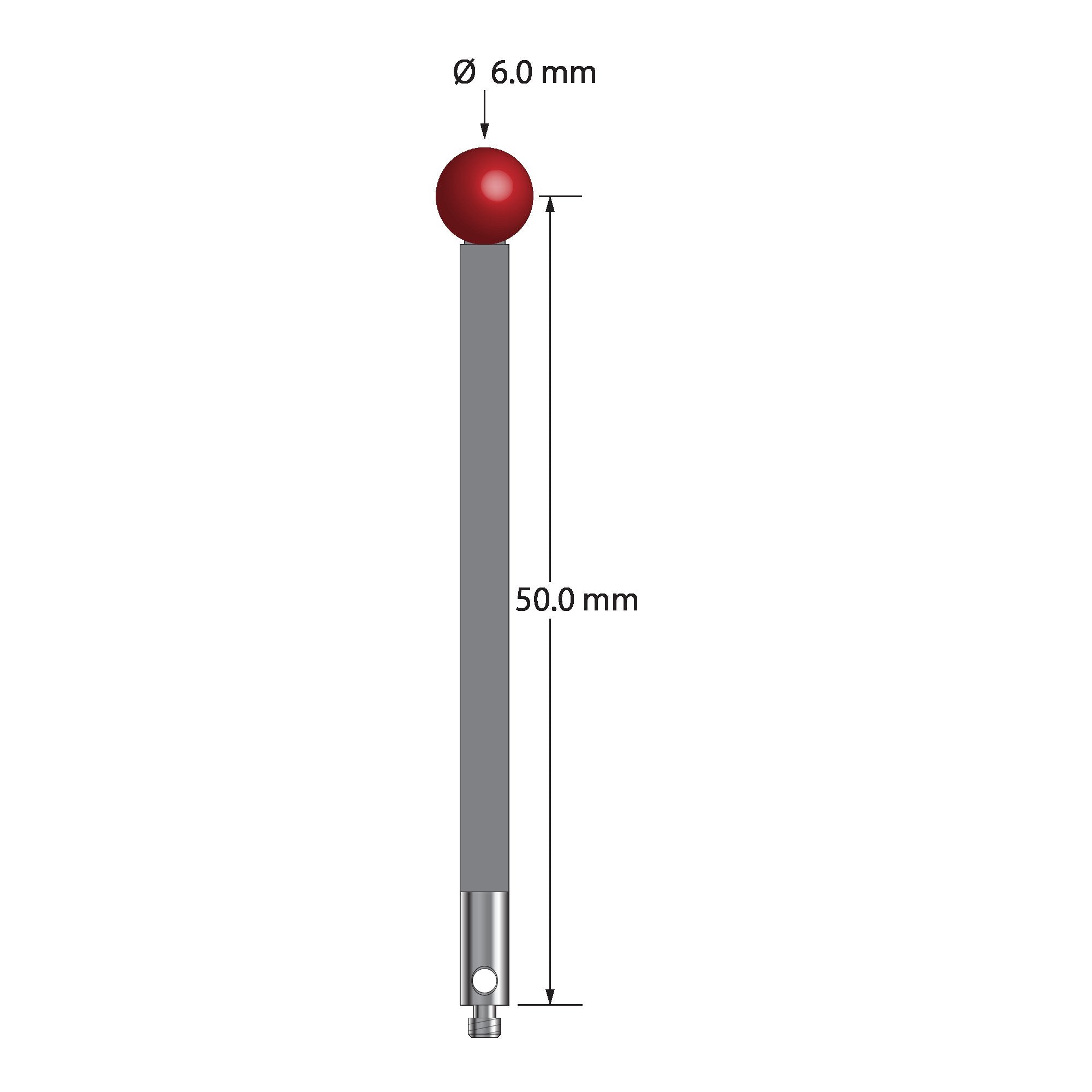 TM2-6053-G M2 stylus with 6.0mm ruby ball, carbon fiber stem, and stainless steel base, 50mm long.