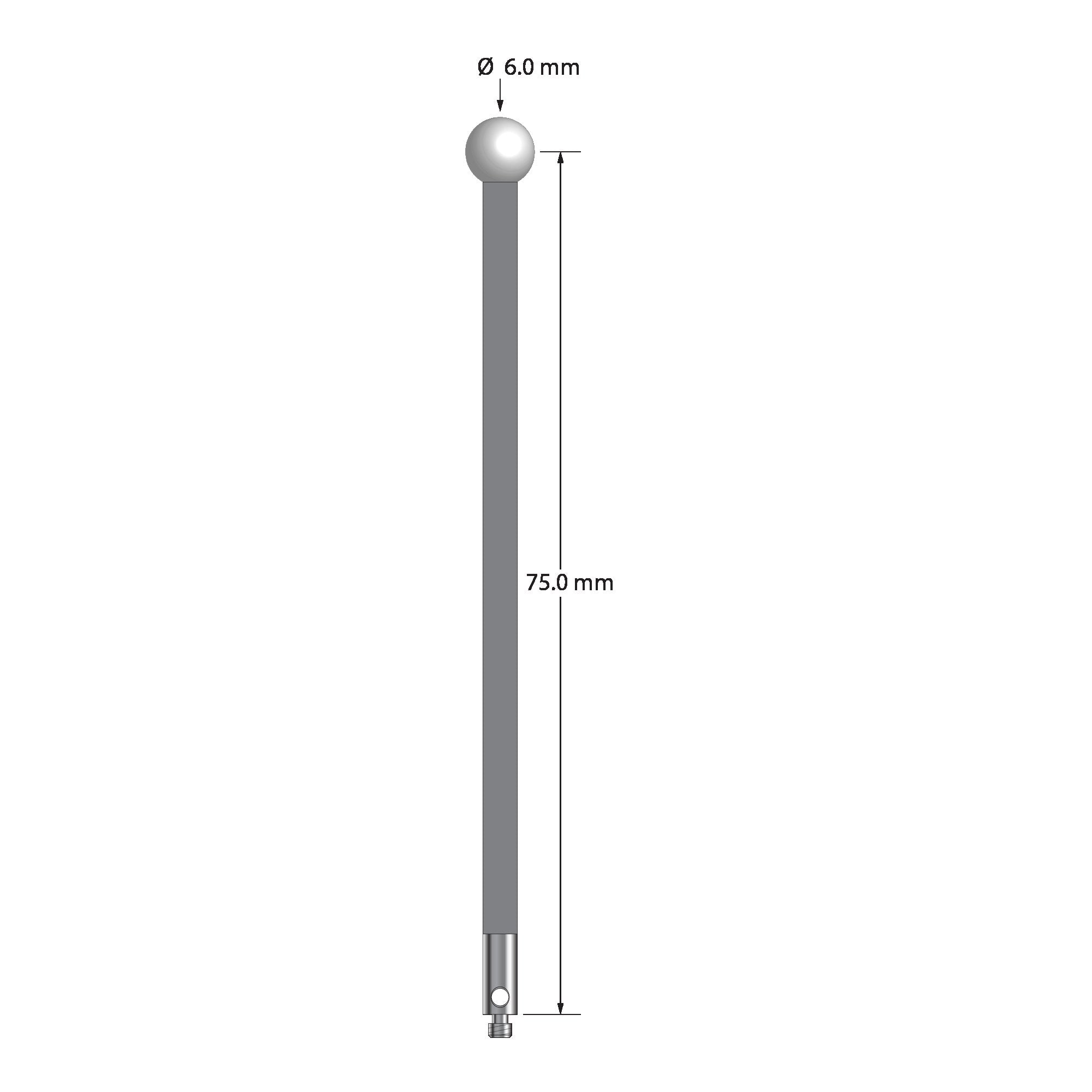 TM2-6078-G-Z M2 stylus with 6.0mm zirconia ball, carbon fiber stem, and stainless steel base.