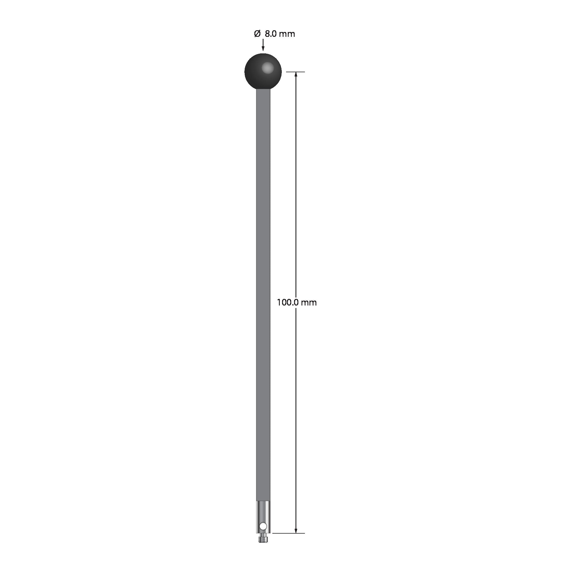 TM2-80104-G-SN M2 stylus with 8mm silicon nitride ball, carbon fiber stem, and stainless steel base.