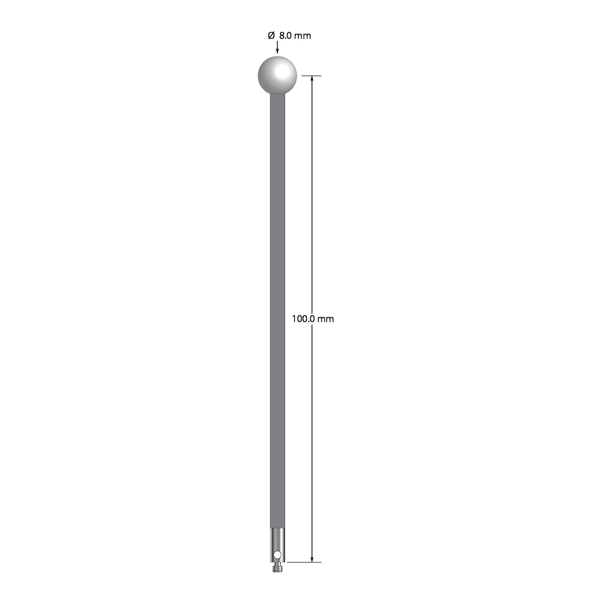 TM2-80104-G-Z M2 stylus with 8.0mm zirconia ball, carbon fiber stem, and stainless steel base.