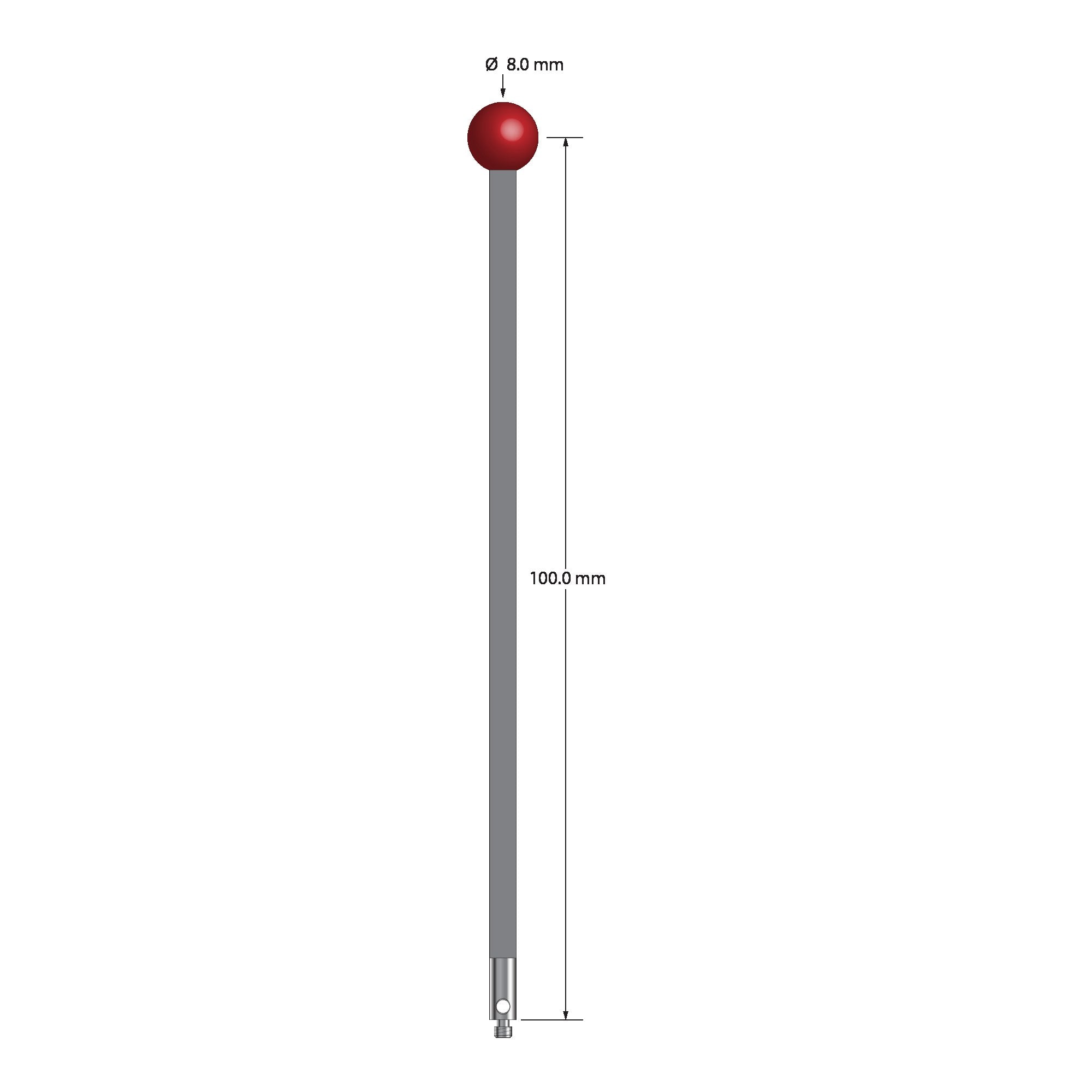 TM2-80104-G M2 stylus with 8.0mm ruby ball, carbon fiber stem, and stainless steel base, 100mm long.