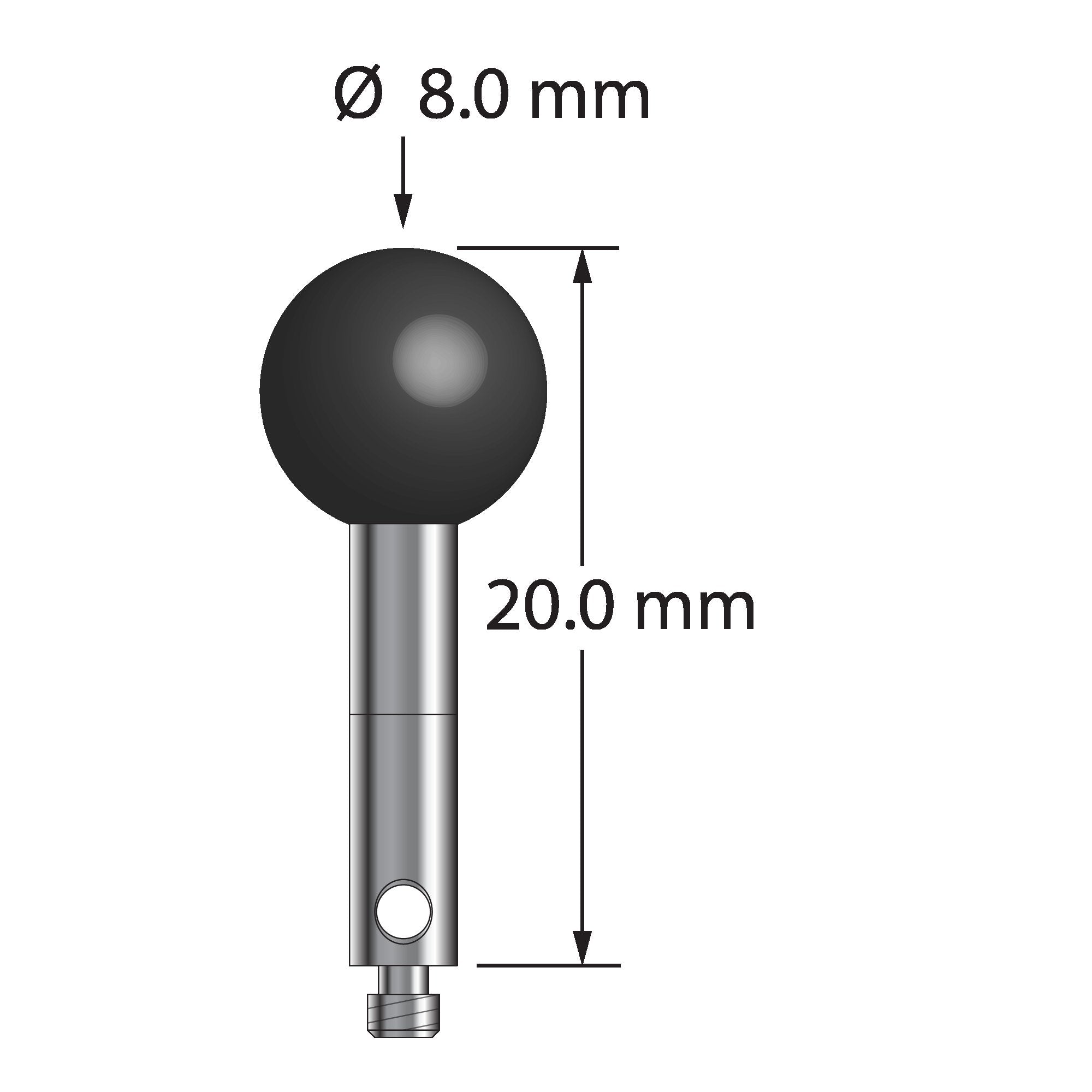 TM2-8020-SN M2 stylus with 8.0mm silicon nitride ball, carbide stem, and stainless steel base, 20.0mm long.