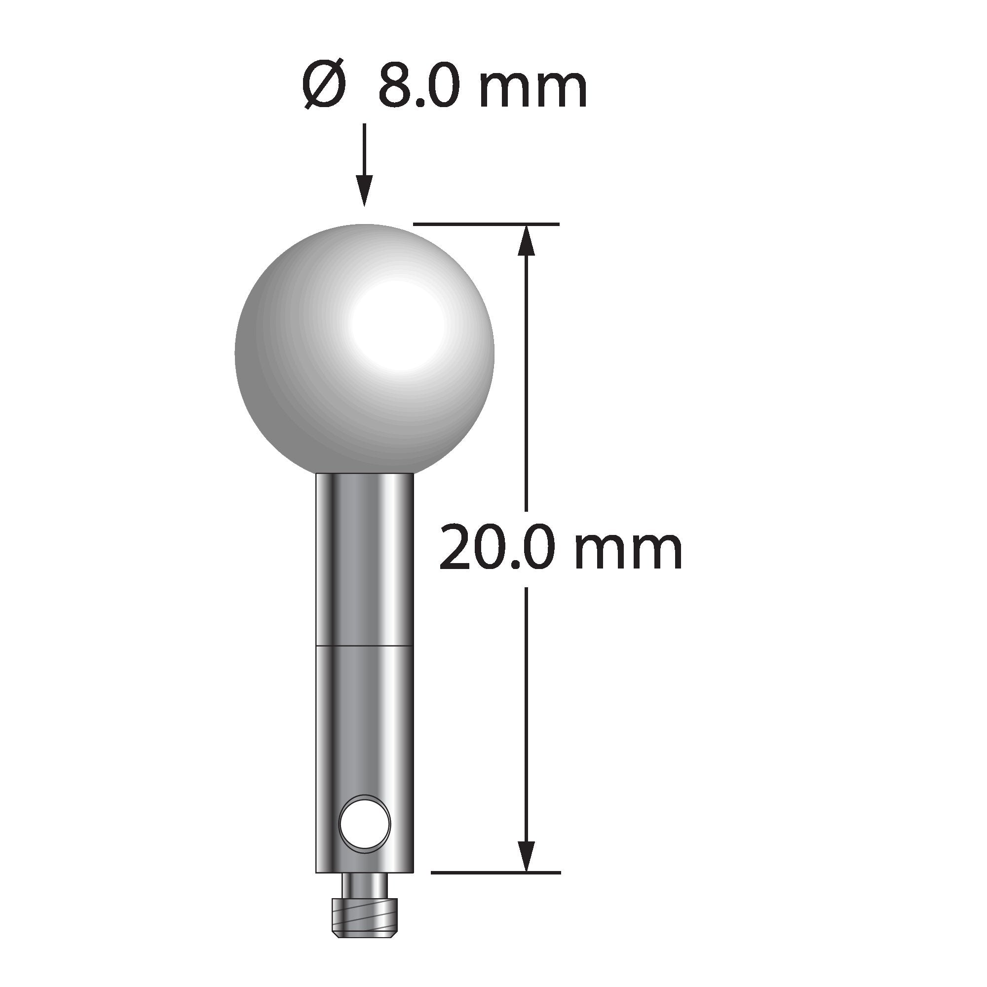TM2-8020-Z M2 stylus with 8.0mm zirconia ball, carbide stem, and stainless steel base, 20.0mm long by Q-Mark Manufacturing, Inc.