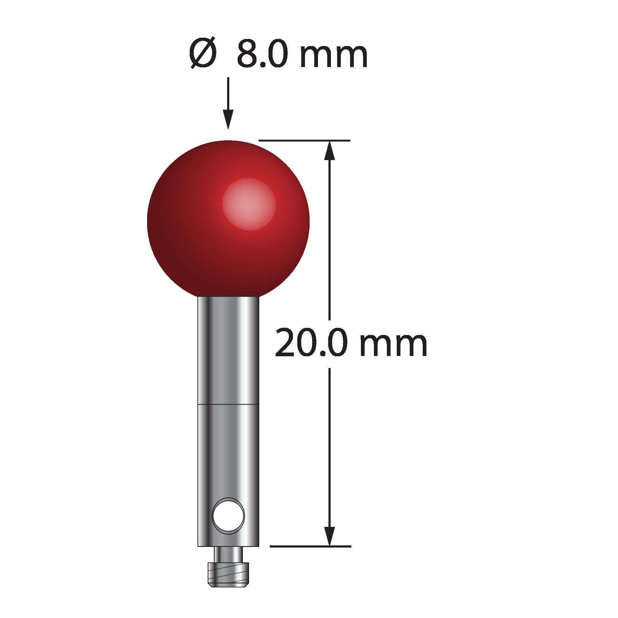 TM2-8020 M2 stylus with 8.0mm ruby ball, carbide stem, and stainless steel base, 20.0mm long by Q-Mark Manufacturing, Inc.