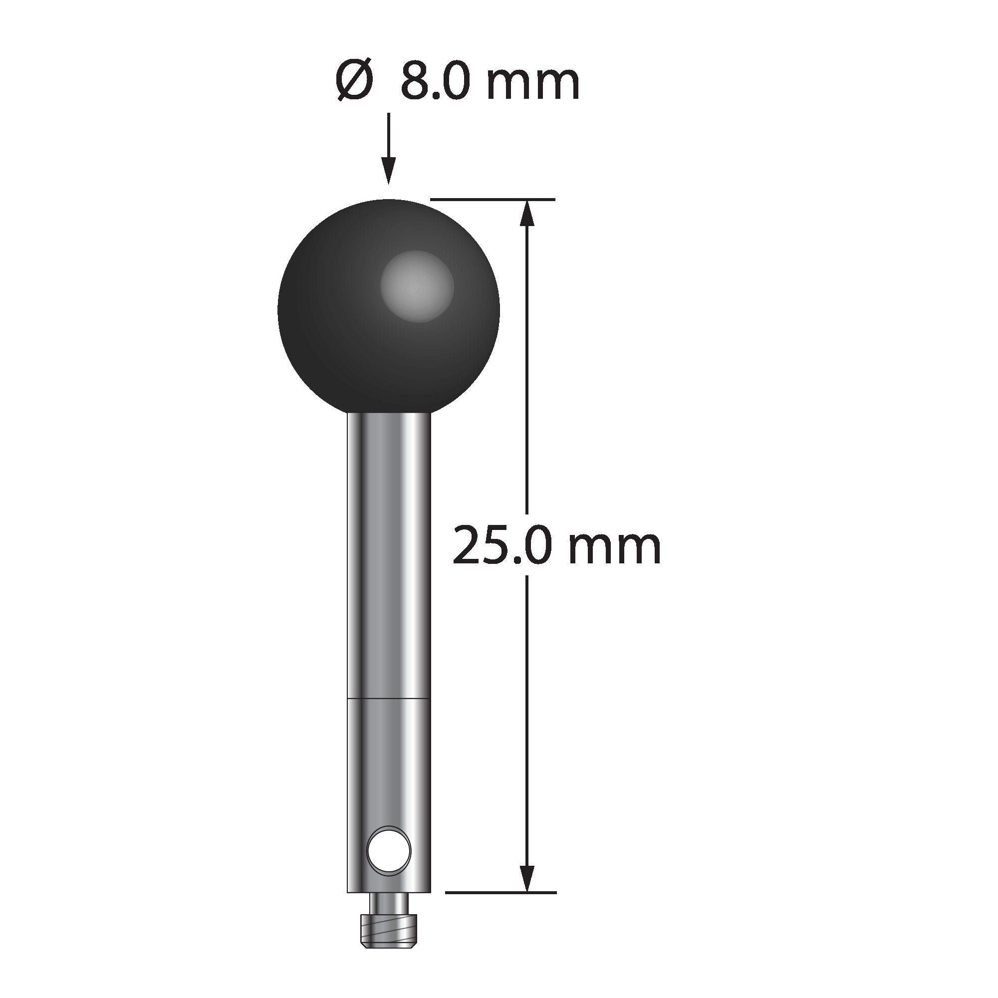 TM2-8025-SN M2 stylus with 8.0mm silicon nitride ball, carbide stem, and stainless steel base, 25.0mm long by Q-Mark Manufacturing, Inc.
