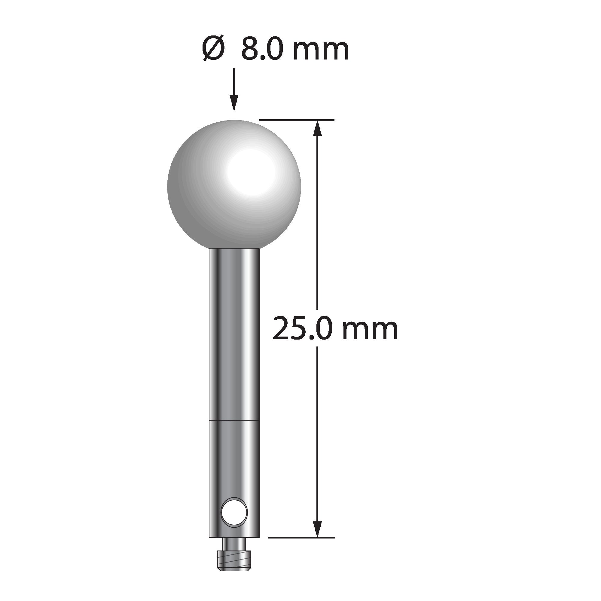 TM2-8025-Z M2 stylus with 8.0mm zirconia ball, carbide stem, and stainless steel base, 25.0mm long by Q-Mark Manufacturing, Inc.