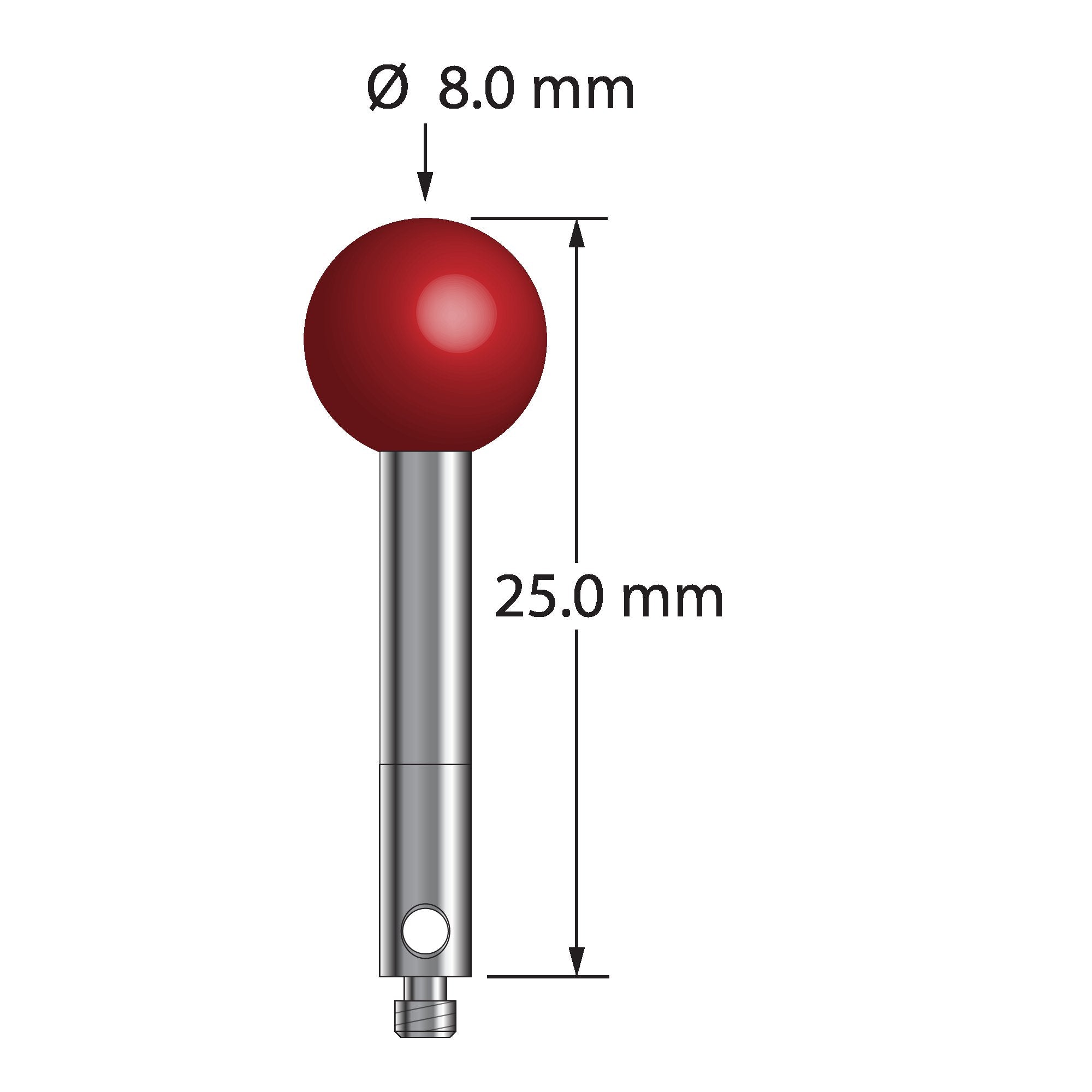 TM2-8025 M2 stylus with 8.0mm ruby ball, carbide stem, and stainless steel base, 25.0mm long by Q-Mark Manufacturing, Inc.