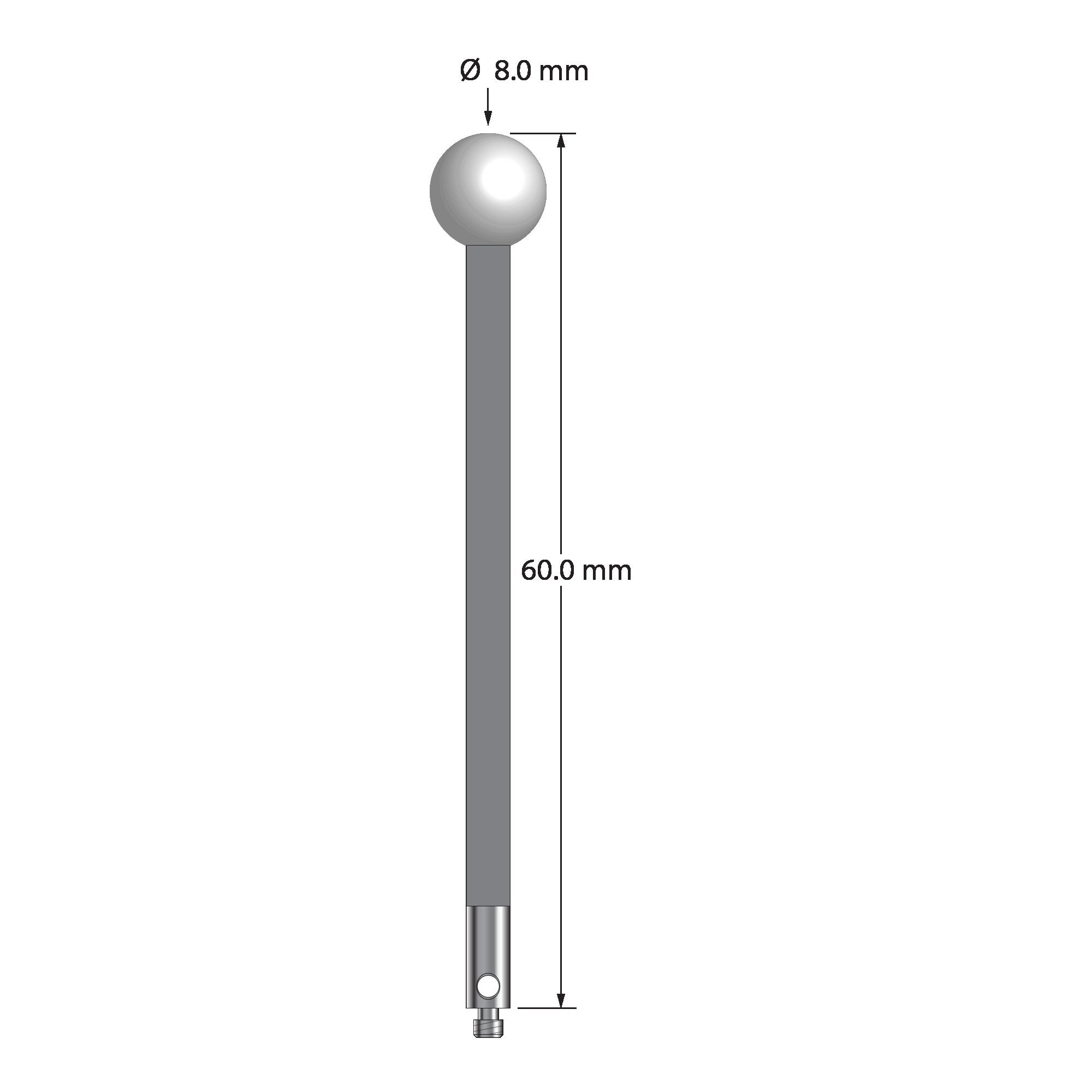 TM2-8060-G-Z M2 stylus with 8.0mm zirconia ball, carbon fiber stem, and stainless steel base, 60.0mm long by Q-Mark Manufacturing, Inc.