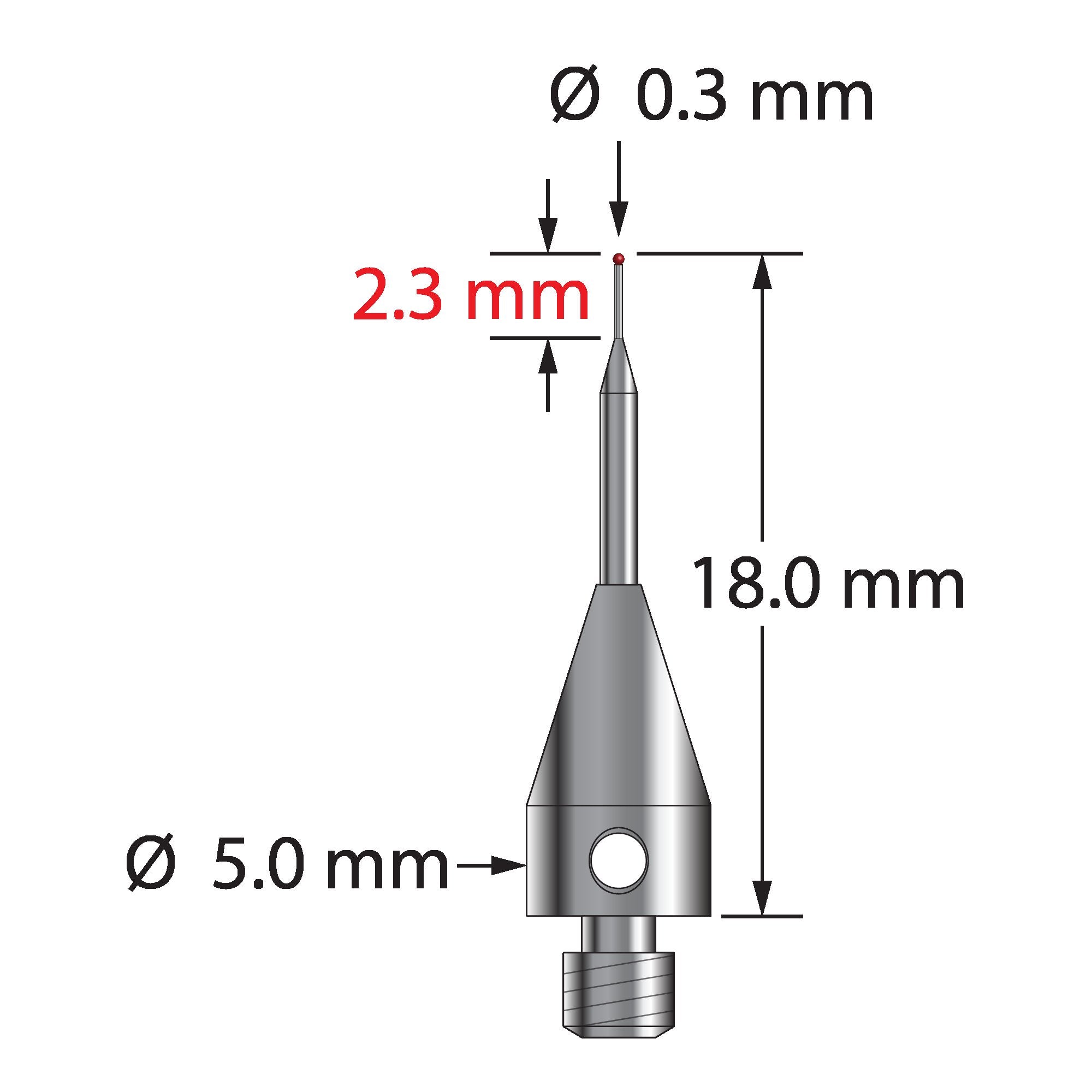 TM3-0318-TX M3 stylus with 0.3mm ruby ball, tapered carbide stem, and titanium base, 18mm long by Q-Mark Manufacturing, Inc.