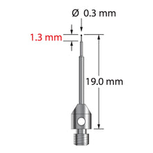 TM3-0319-C M3 0.3mm carbide stylus with stepped carbide stem and stainless steel base, 19mm long.
