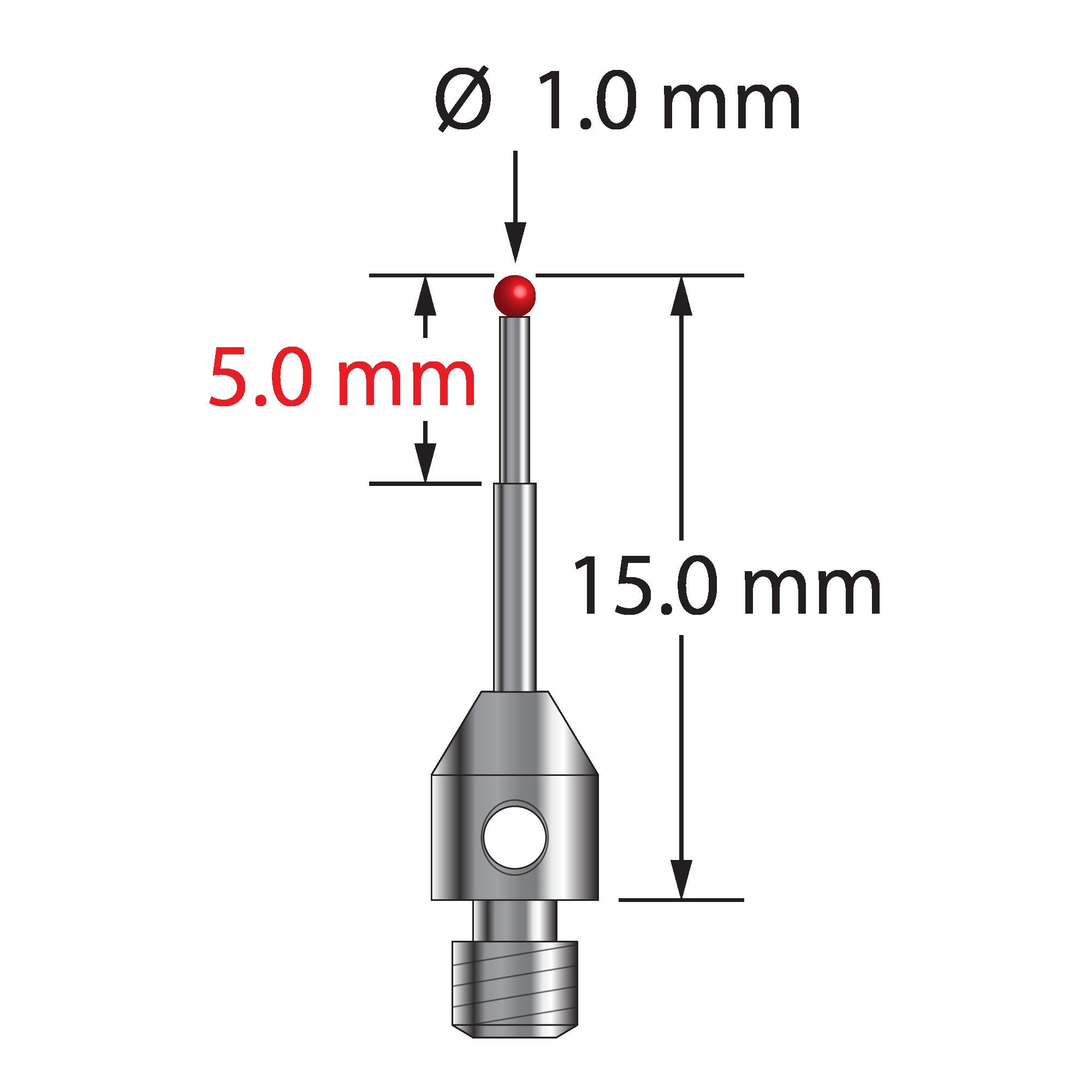 TM3-1015 M3 stylus with 1.0mm ruby ball, stepped carbide shaft, and stainless steel base, 15.0mm long.