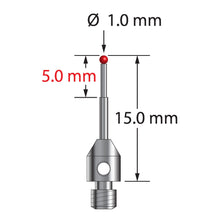 TM3-1015 M3 stylus with 1.0mm ruby ball, stepped carbide shaft, and stainless steel base, 15.0mm long.